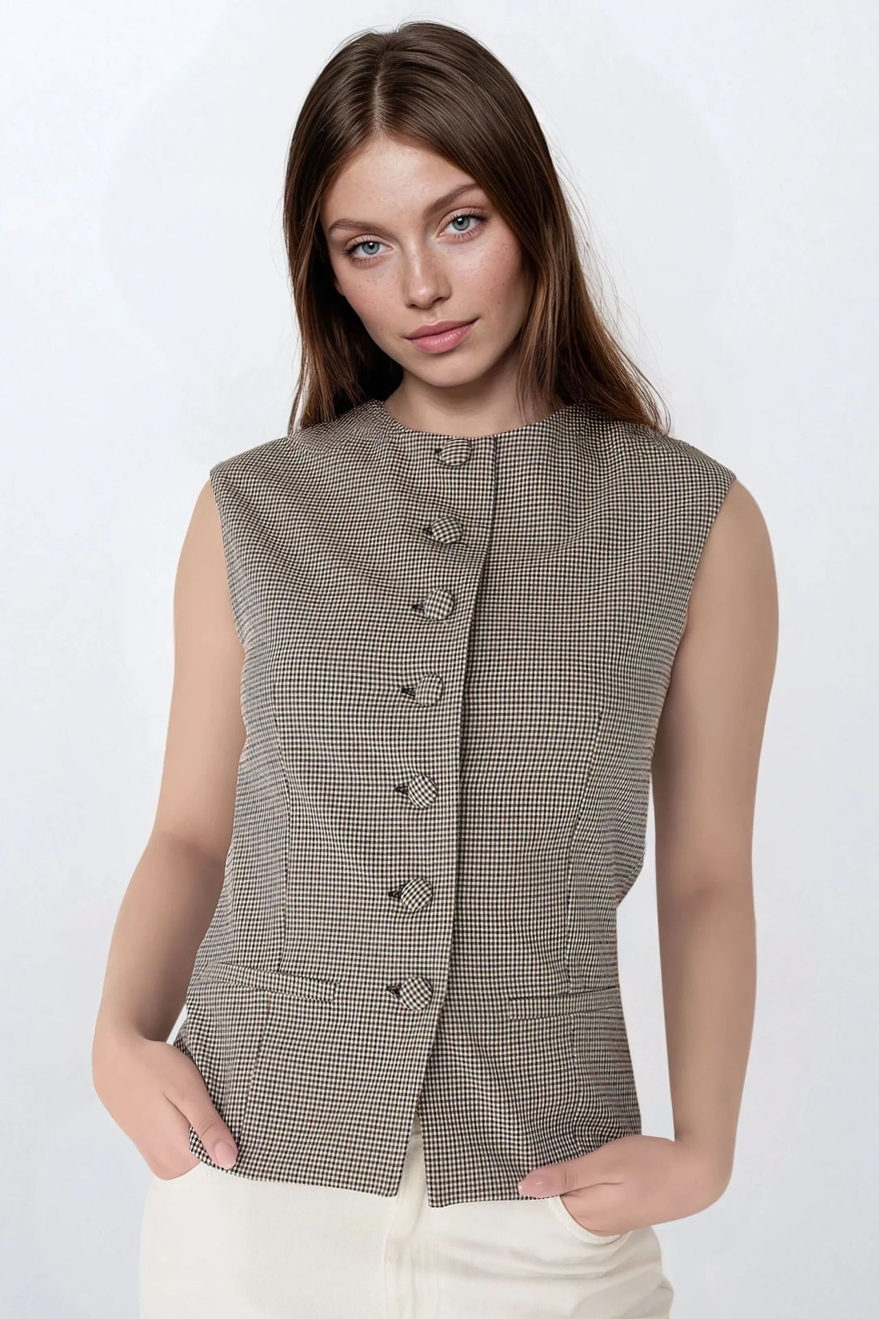 Plaid Fitted Crew Neck Waistcoat
