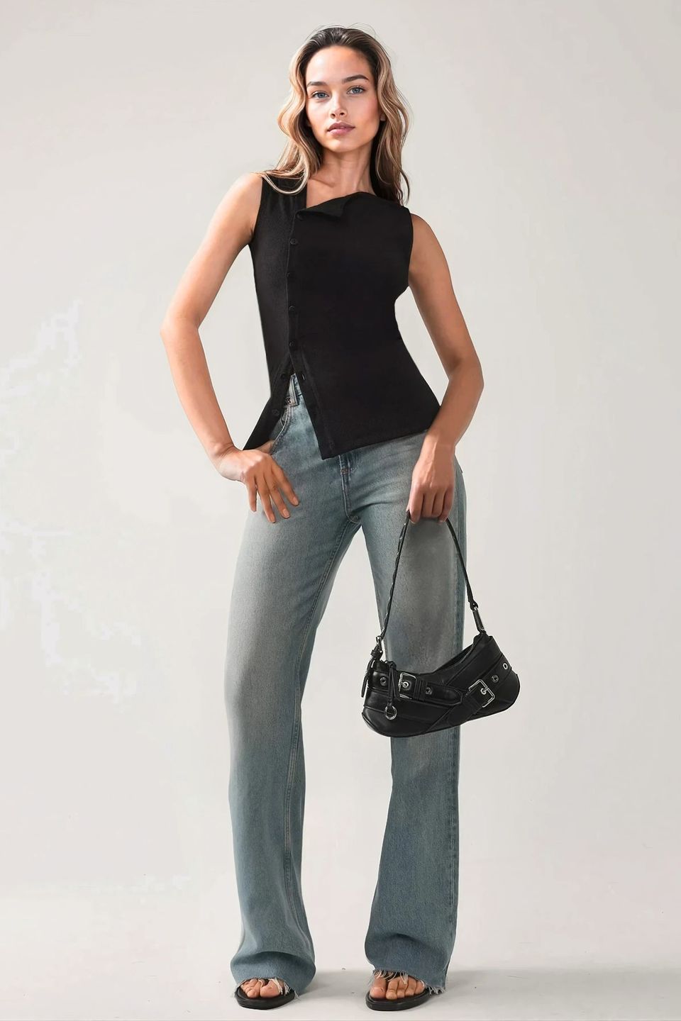 Textured Slim Fit Crew Neck Top with Button Detail