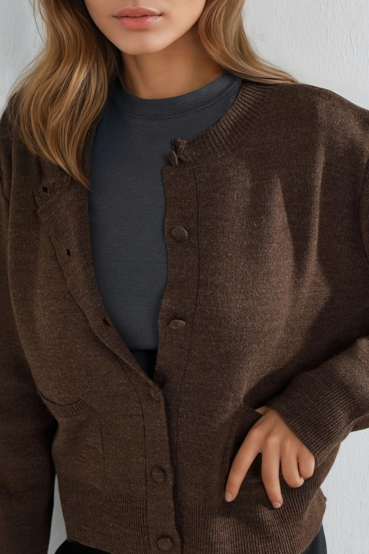Covered Button Knit Cardigan with Pockets