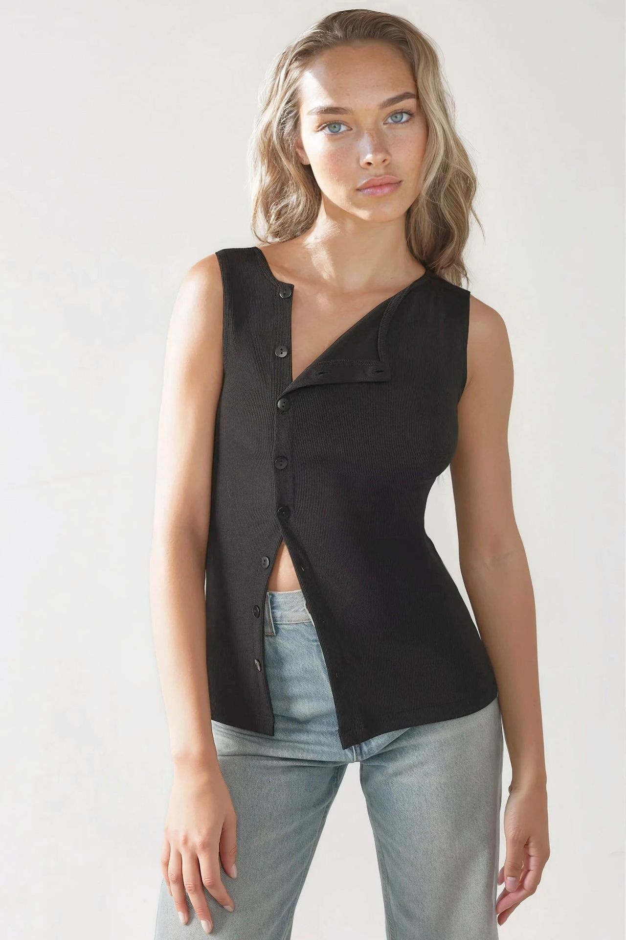Textured Slim Fit Crew Neck Top with Button Detail