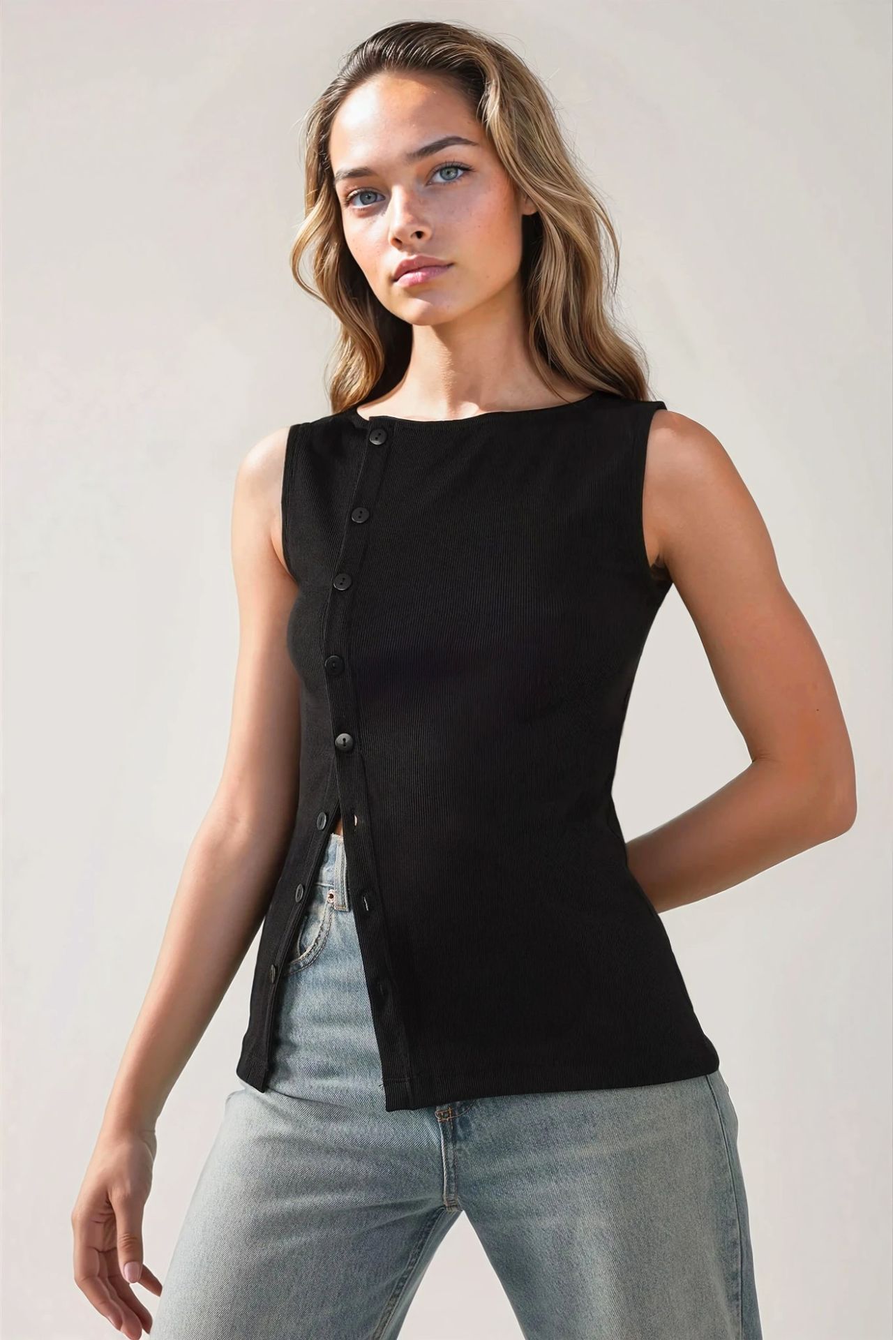 Textured Slim Fit Crew Neck Top with Button Detail