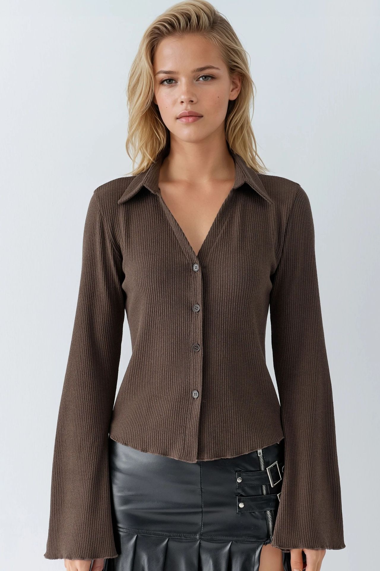 Long Sleeve Textured Blouse with Button Closure