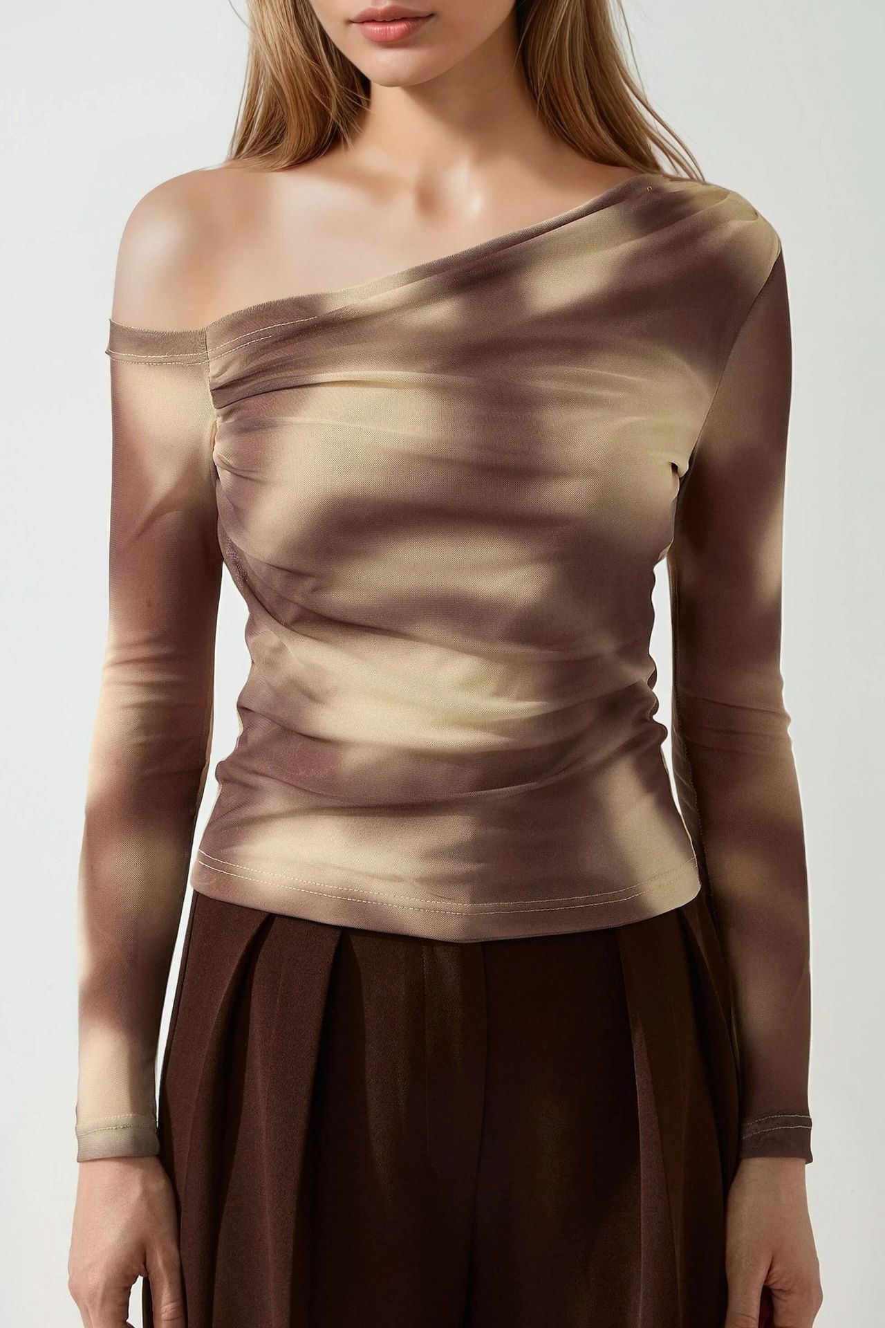 Asymmetrical Collar Tulle Blouse 2