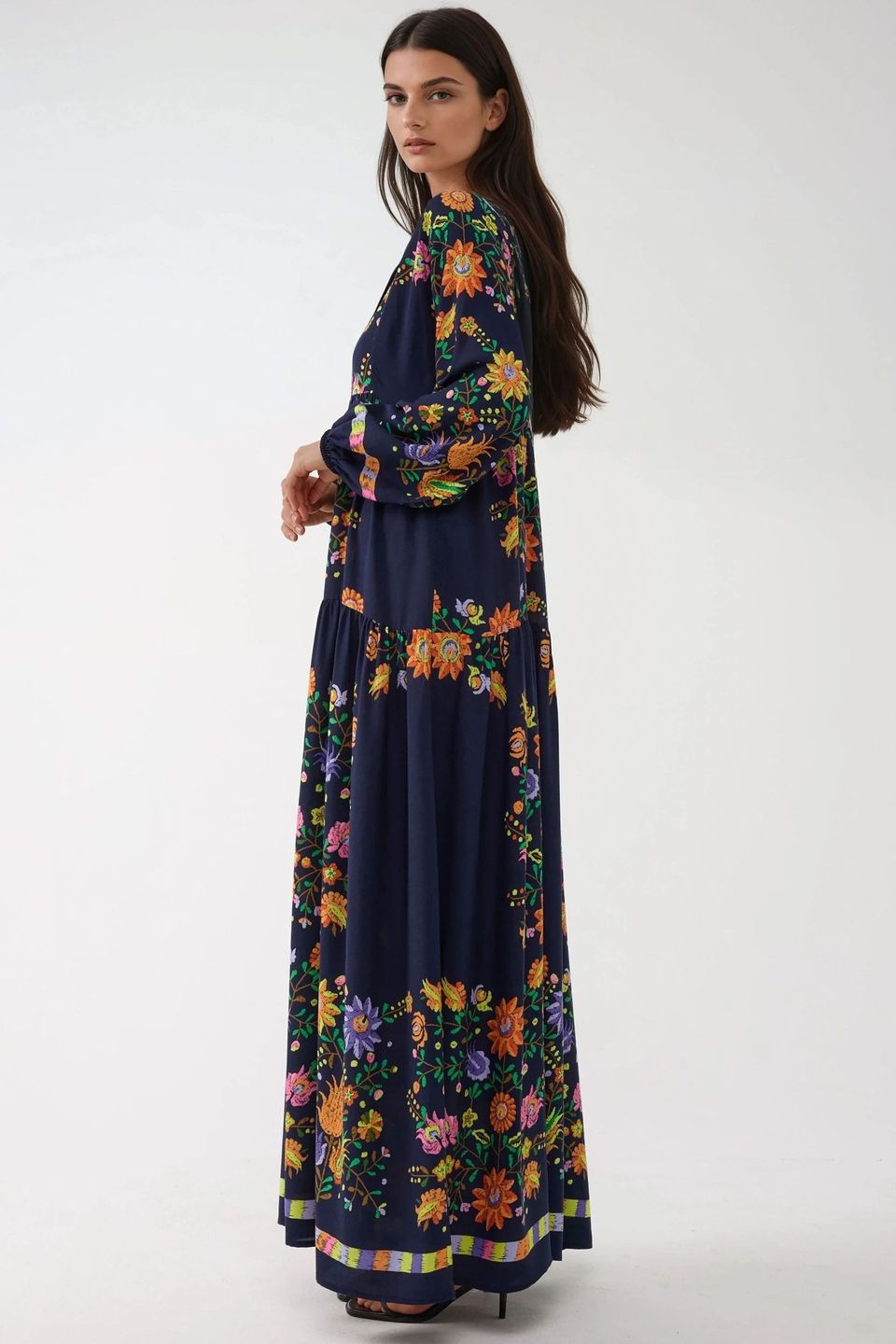 Printed V-Neck Maxi Dress with Button Detail