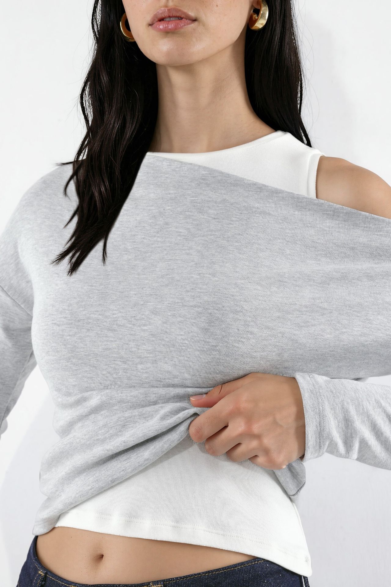 Viscose Blend Layered Long-Sleeve T-Shirt with Asymmetric Neckline 4