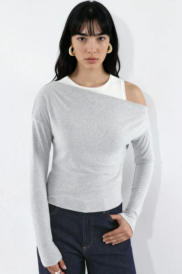 Viscose Blend Layered Long-Sleeve T-Shirt with Asymmetric Neckline