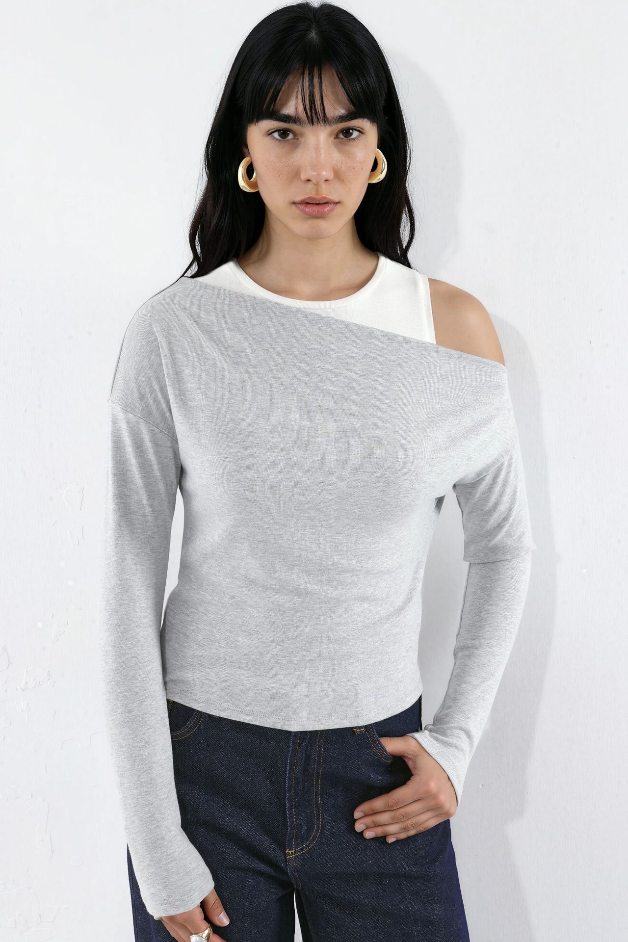 Viscose Blend Layered Long-Sleeve T-Shirt with Asymmetric Neckline 1
