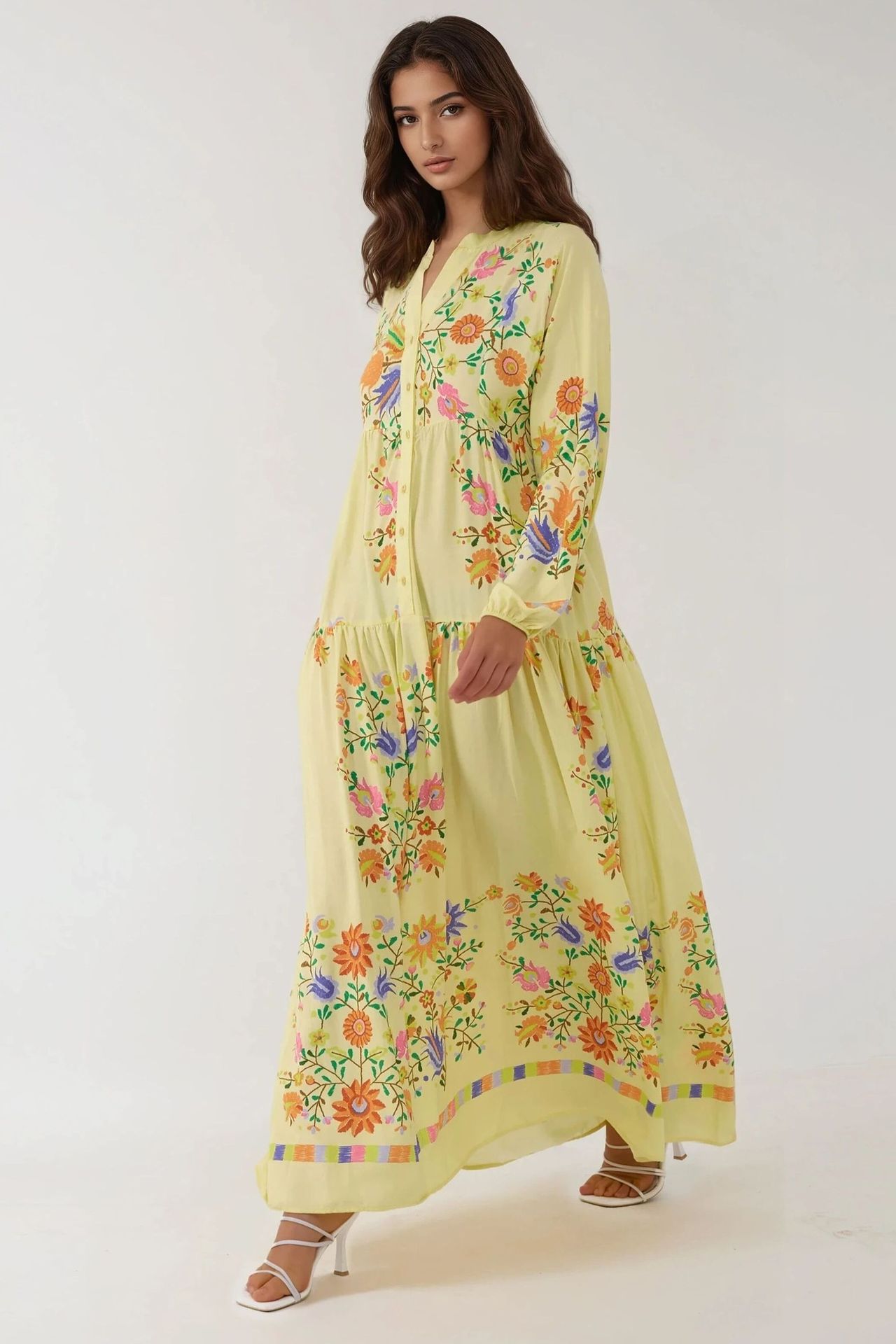 Printed V-Neck Maxi Dress with Button Detail