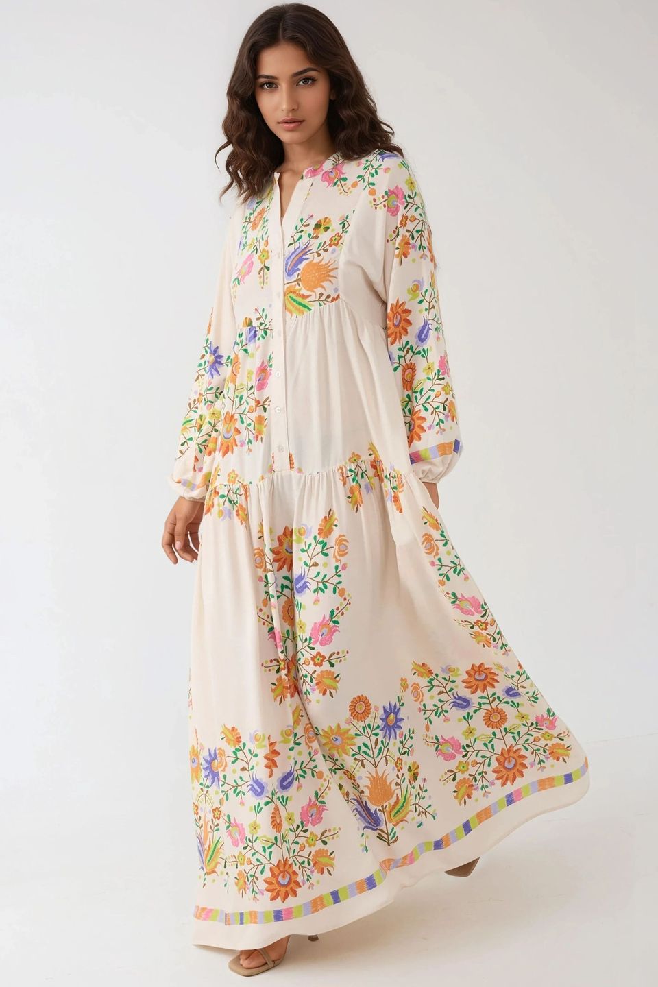 Printed V-Neck Maxi Dress with Button Detail