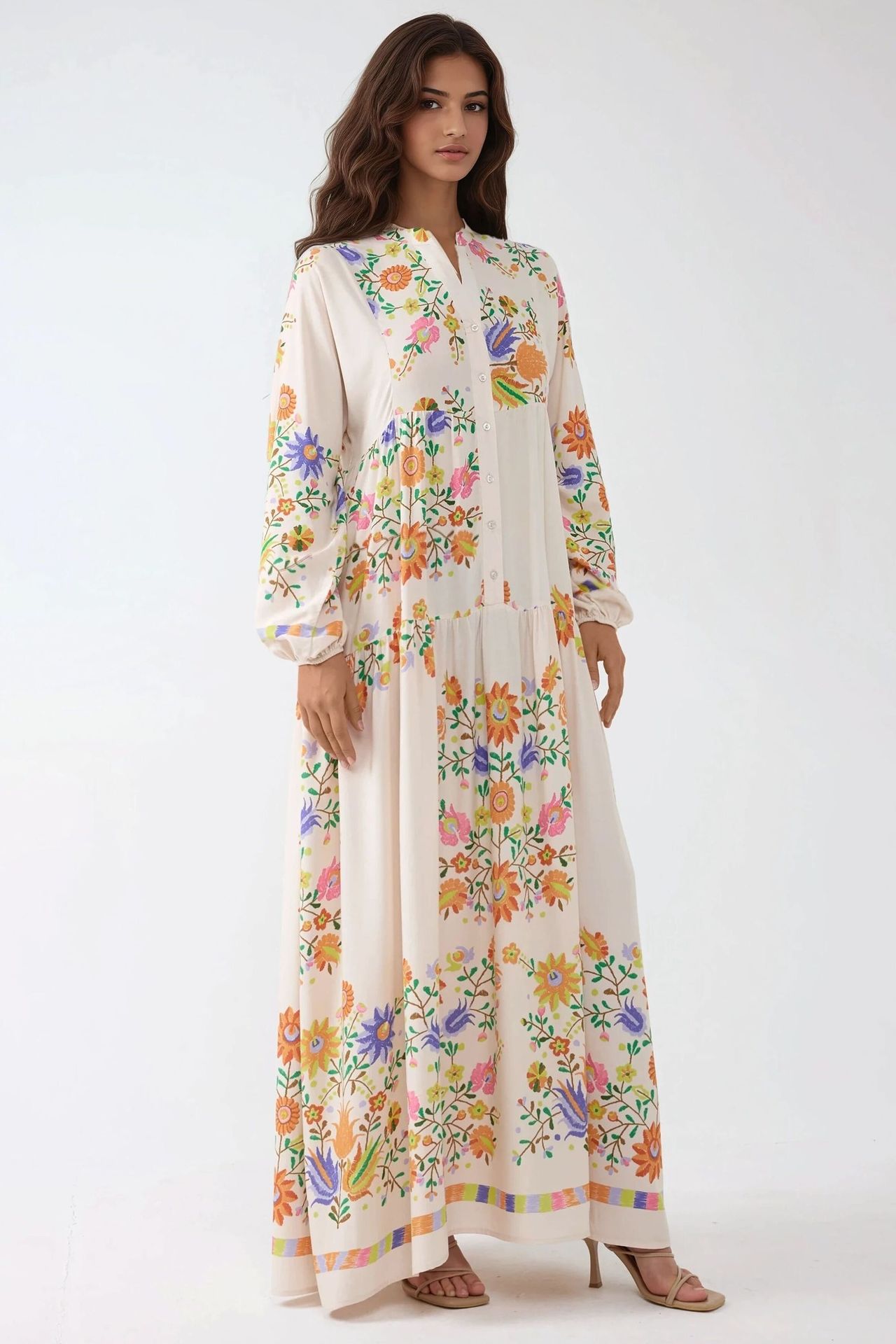 Printed V-Neck Maxi Dress with Button Detail
