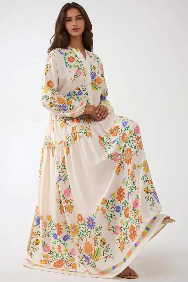 Printed V-Neck Maxi Dress with Button Detail