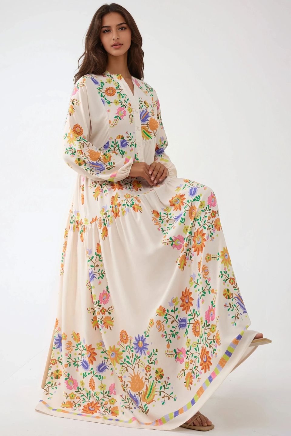 Printed V-Neck Maxi Dress with Button Detail