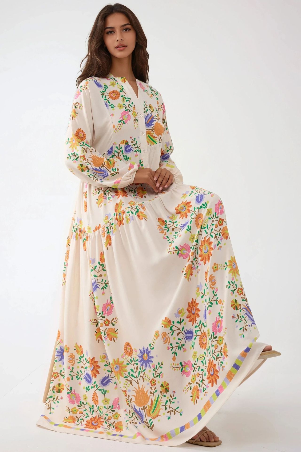 Printed V-Neck Maxi Dress with Button Detail