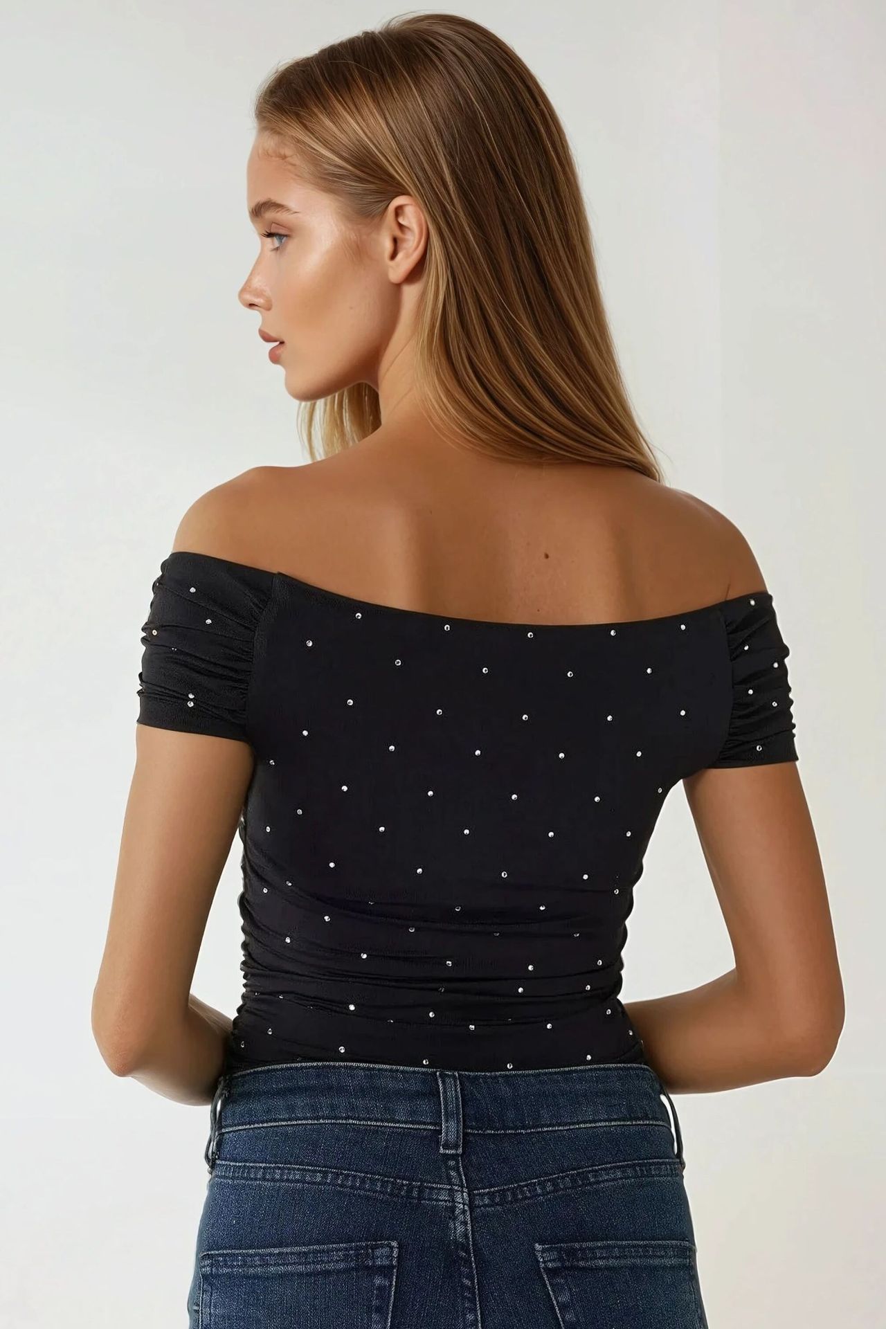 Elegant Rhinestone Embroidered Boat Neck Top