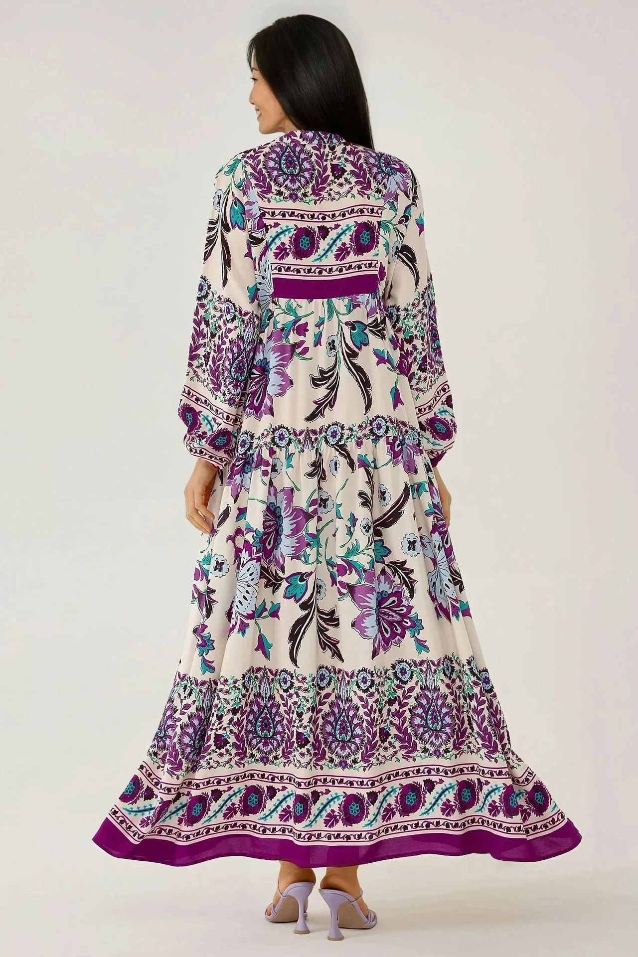 Printed Long Sleeve Viscose Maxi Dress 