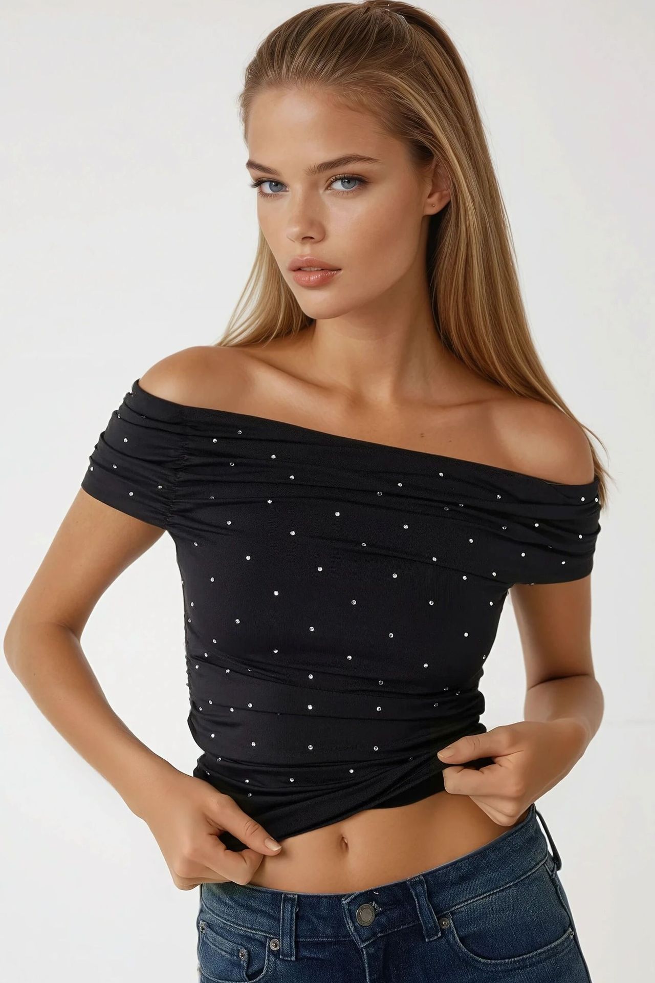 Elegant Rhinestone Embroidered Boat Neck Top