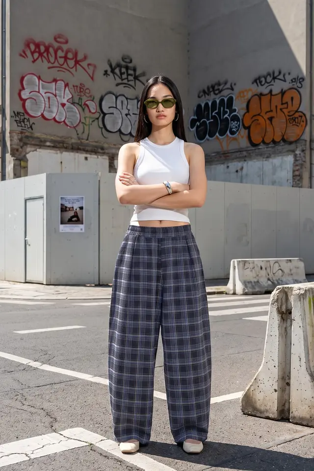 Elastic Waist Pocket Detail Plaid Pants