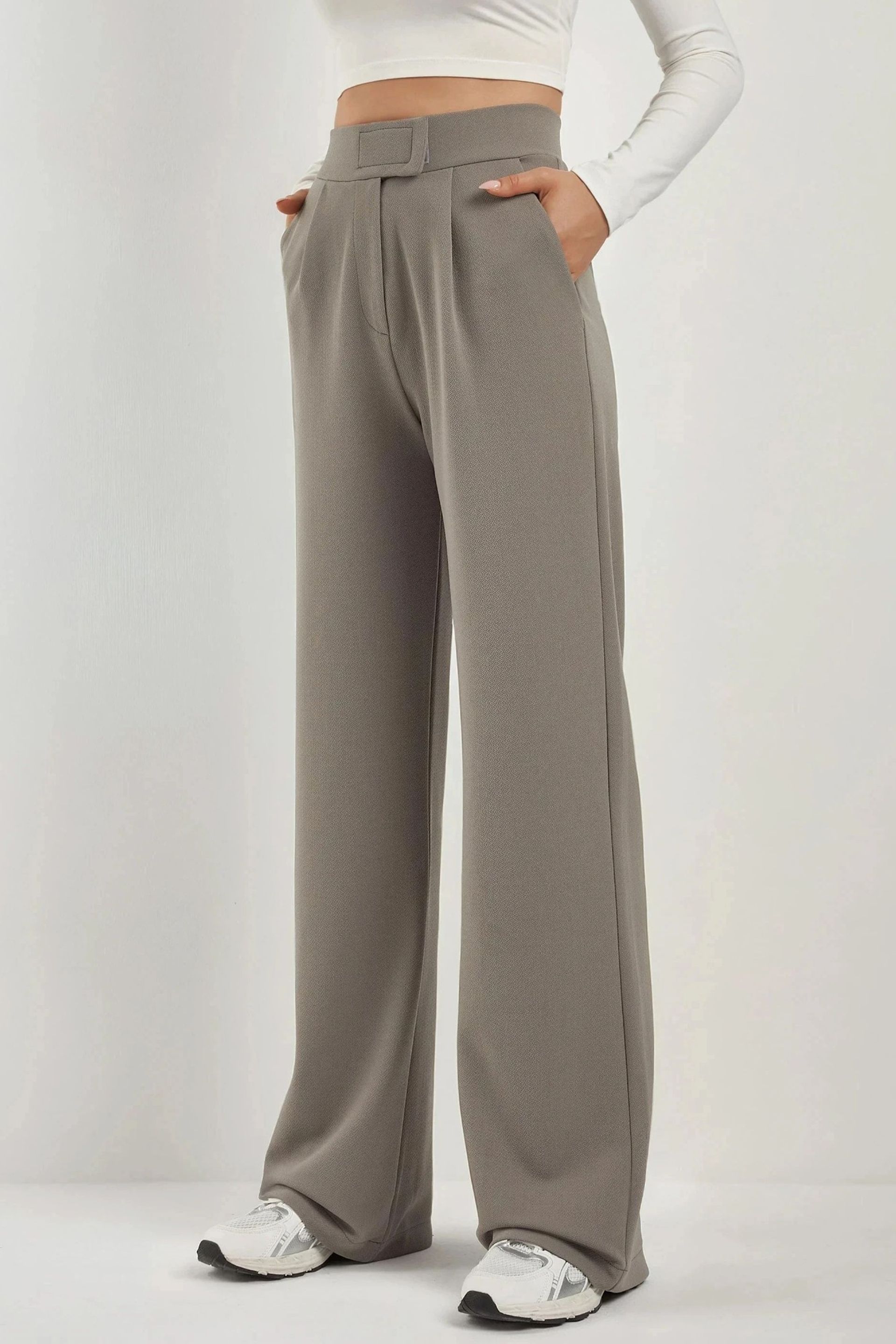 Grey High Waist Elastic Crepe Palazzo Pants Women
