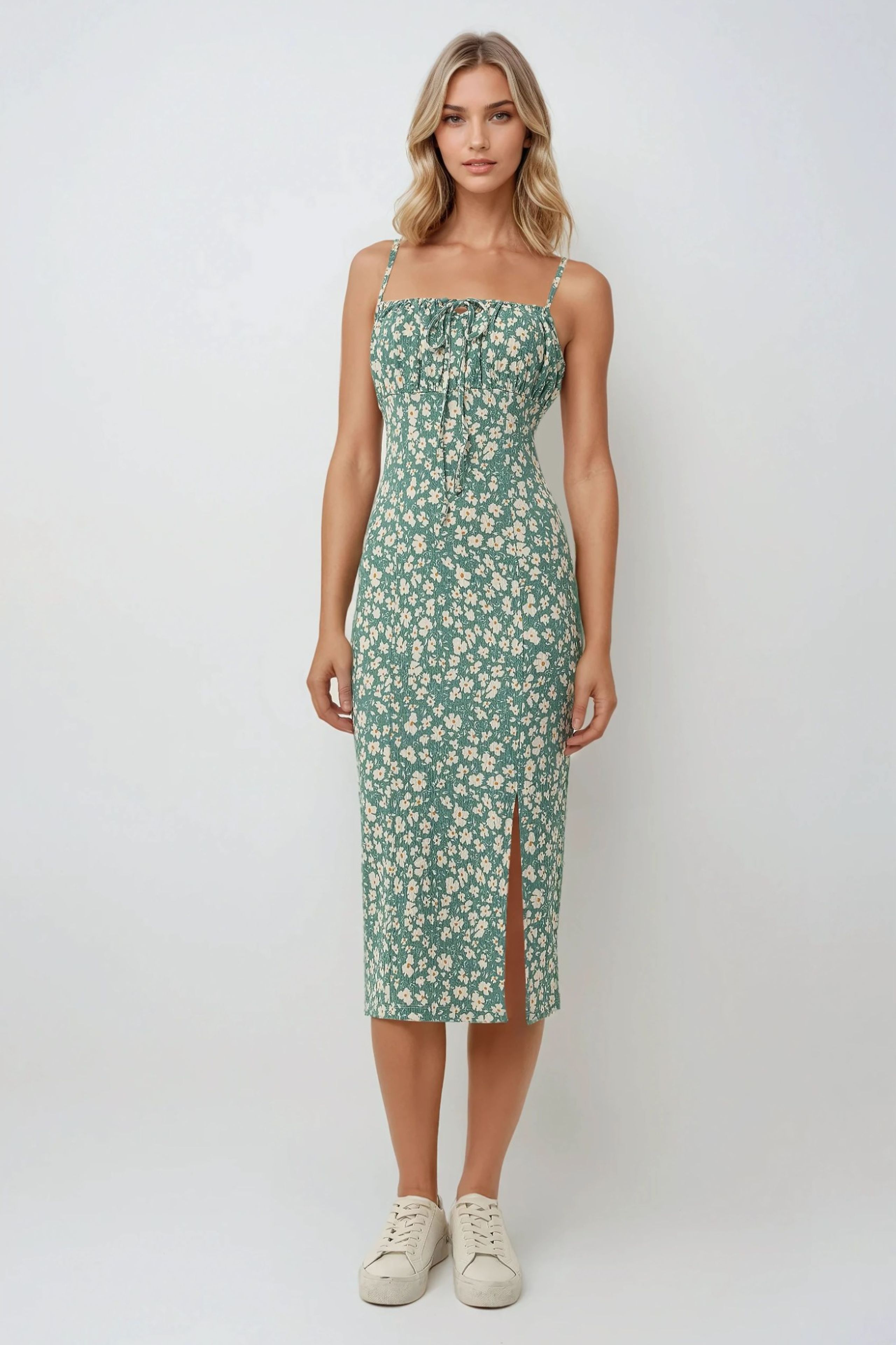 HiCCUP - Green Allover Flower Print Bodycon Midi Dress With Slit Women