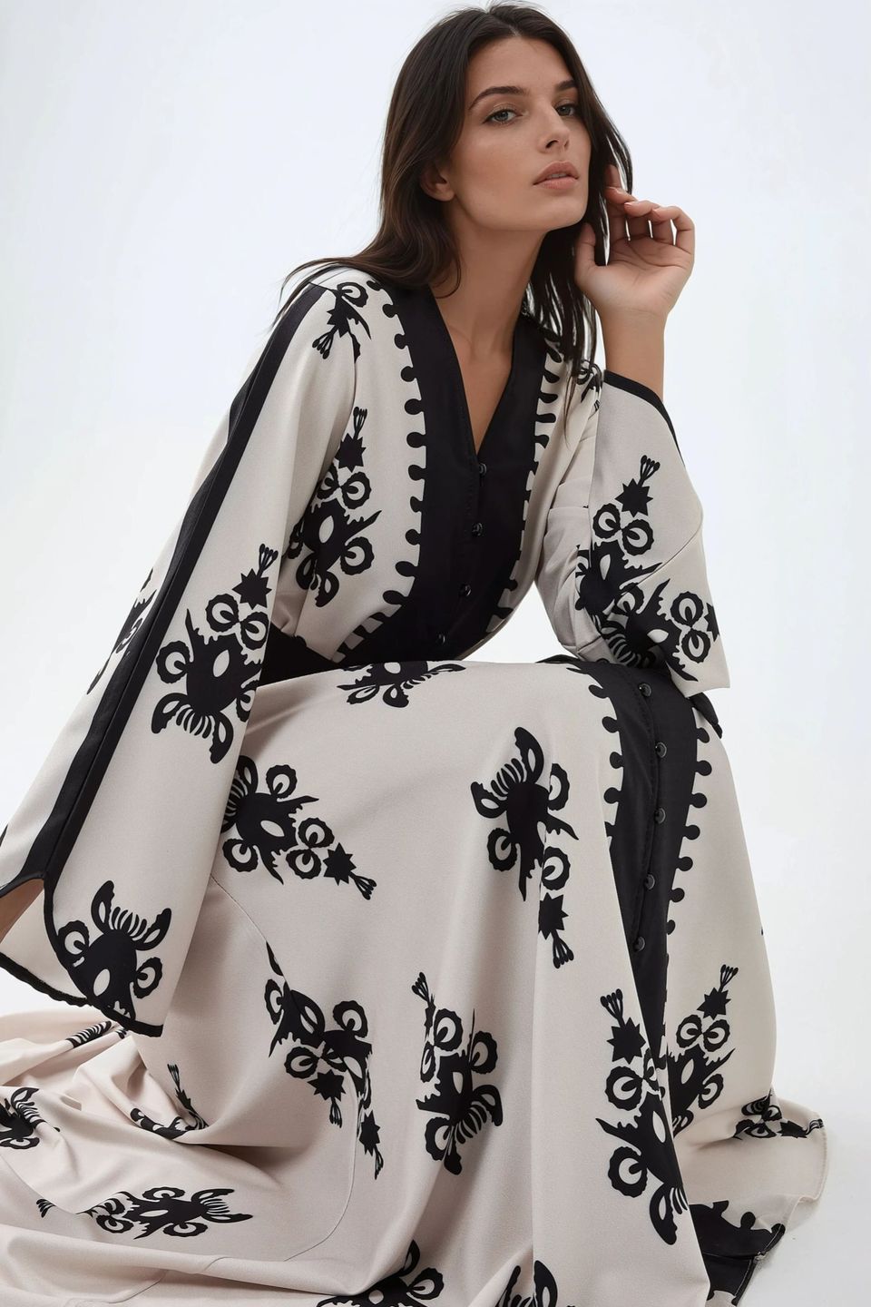 Printed Crew Neck Maxi Dress with Arched Detail