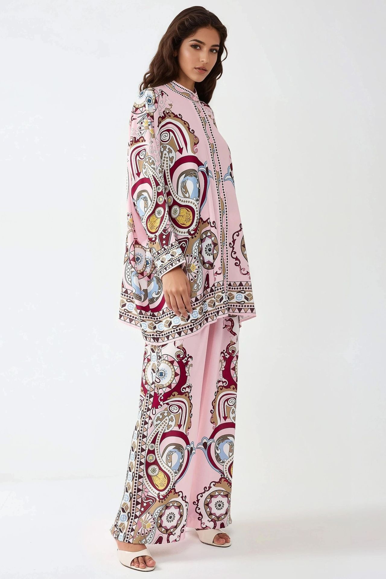 Printed Shrt & High Waist Wide Leg Two-Piece Set
