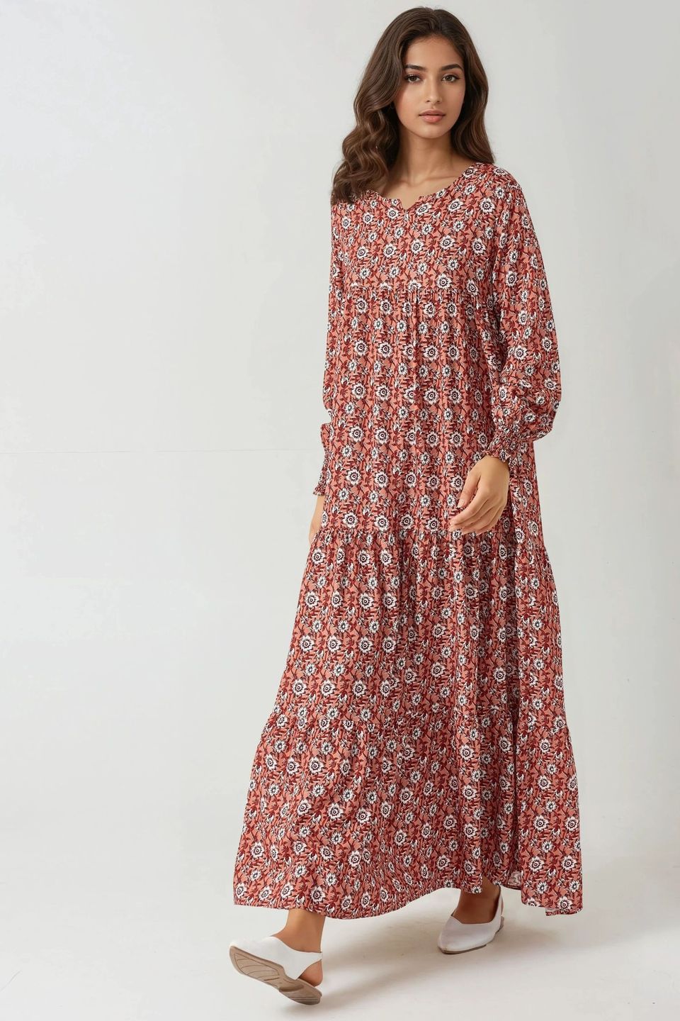 Printed Crew Neck Viscose Maxi Dress