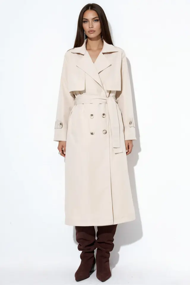 Double-Breasted Belted Long Trench Coat
