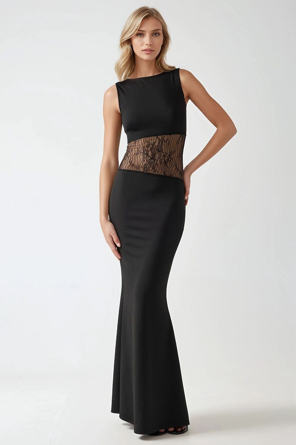 Lace Bodycon Maxi Dress with Crew Neck