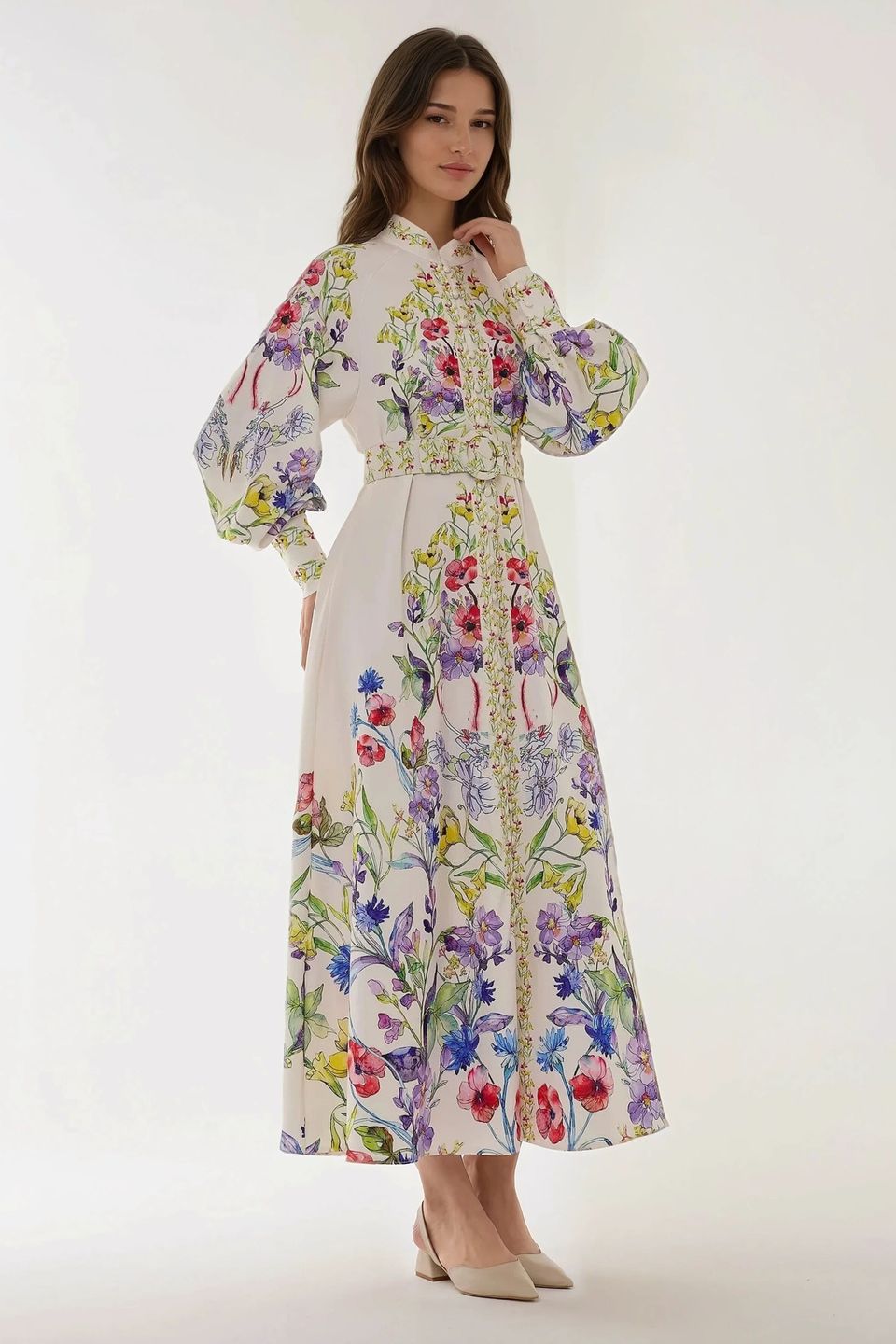 Printed Long Sleeve Maxi Dress with Belt