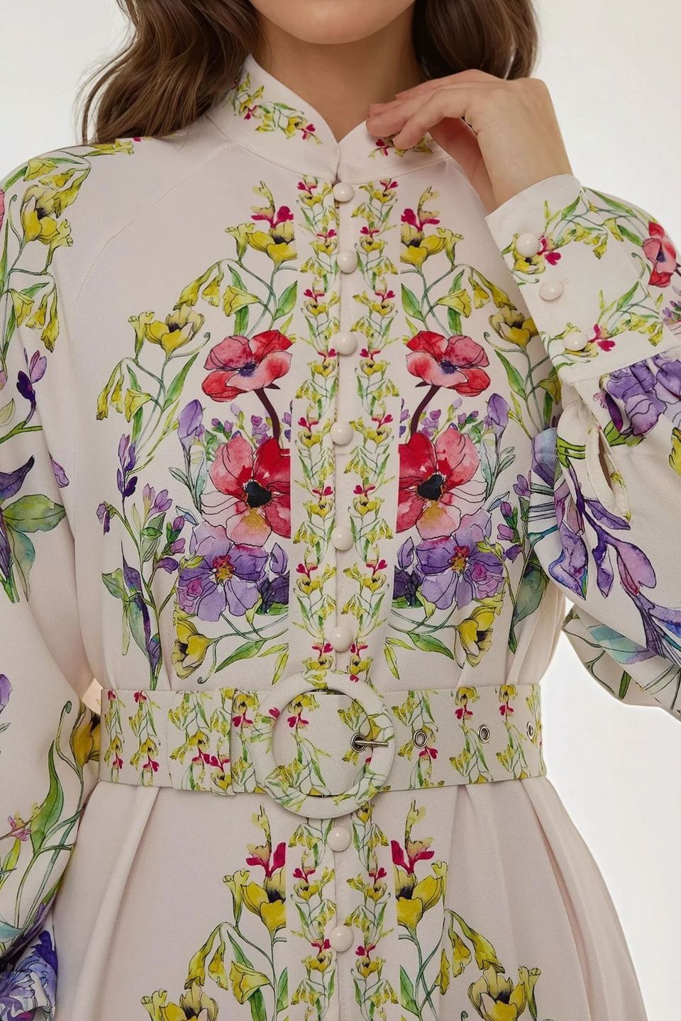 Printed Long Sleeve Maxi Dress with Belt