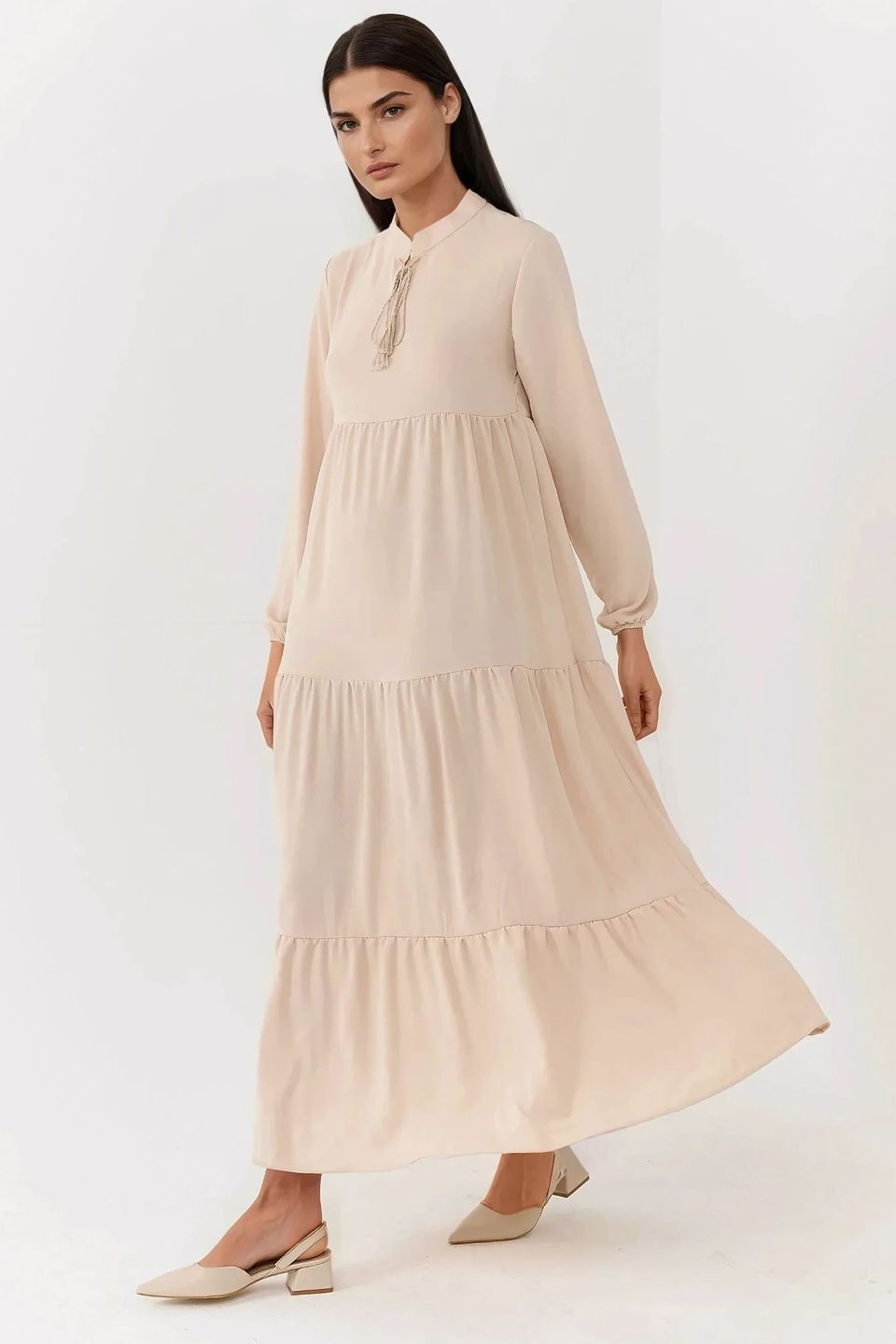 Textured Crew Neck Maxi Dress with Buttons