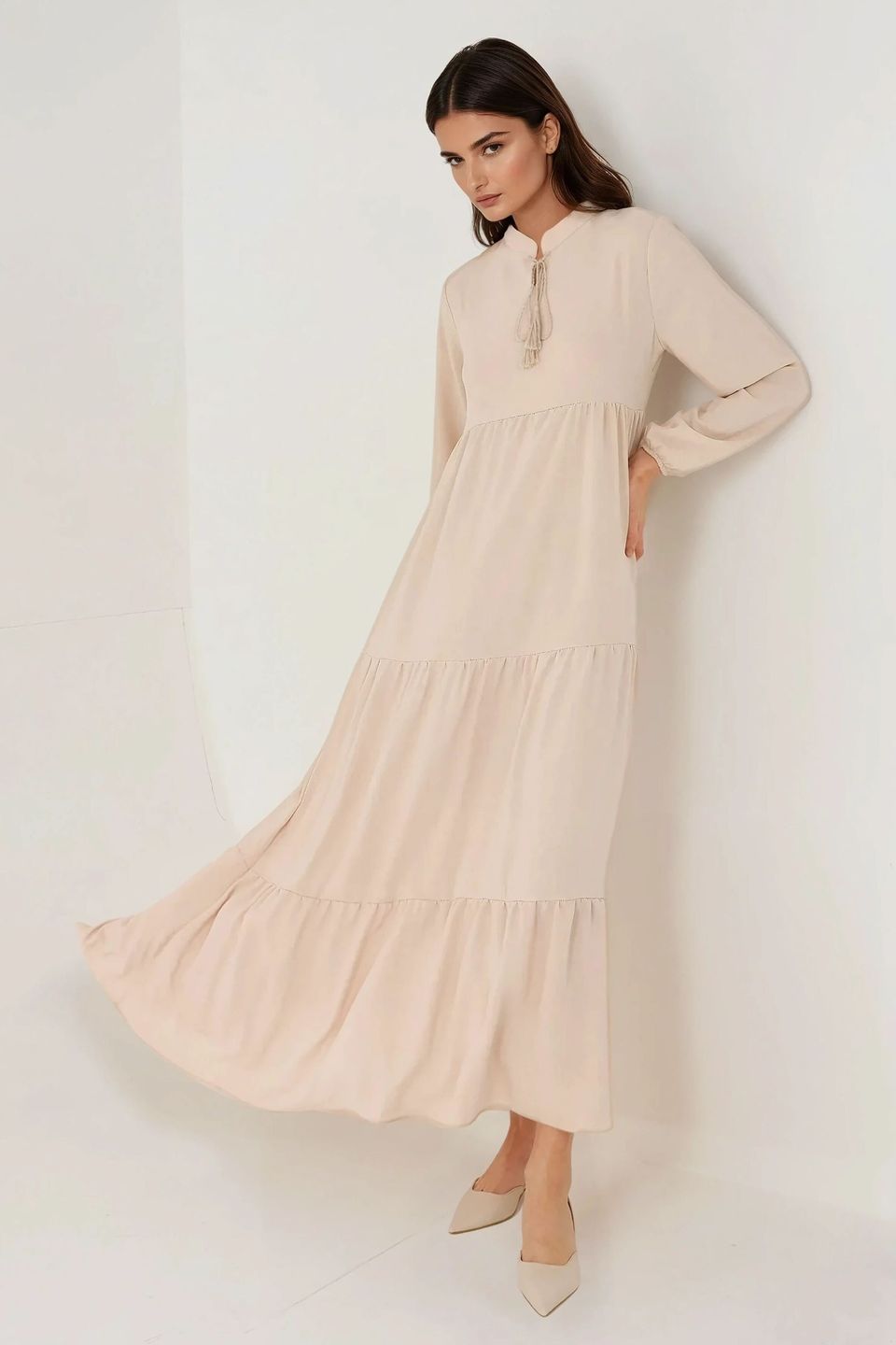 Textured Crew Neck Maxi Dress with Buttons
