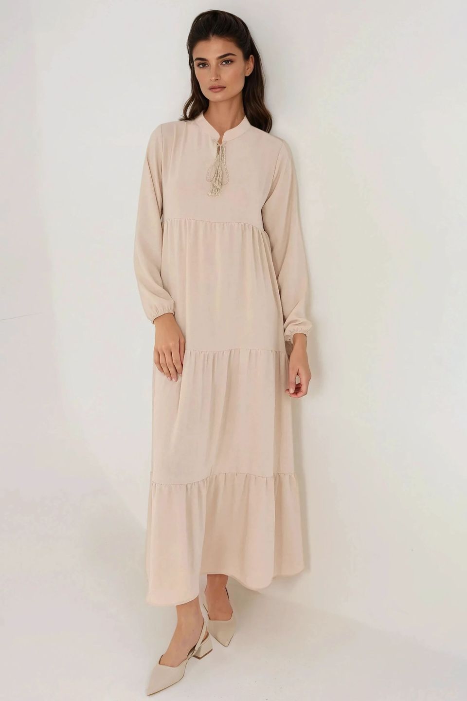 Textured Crew Neck Maxi Dress with Buttons