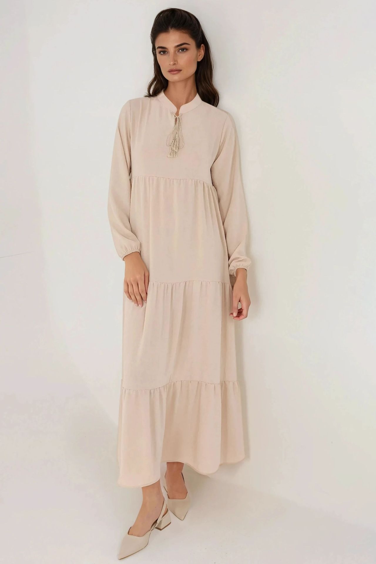 Textured Crew Neck Maxi Dress with Buttons