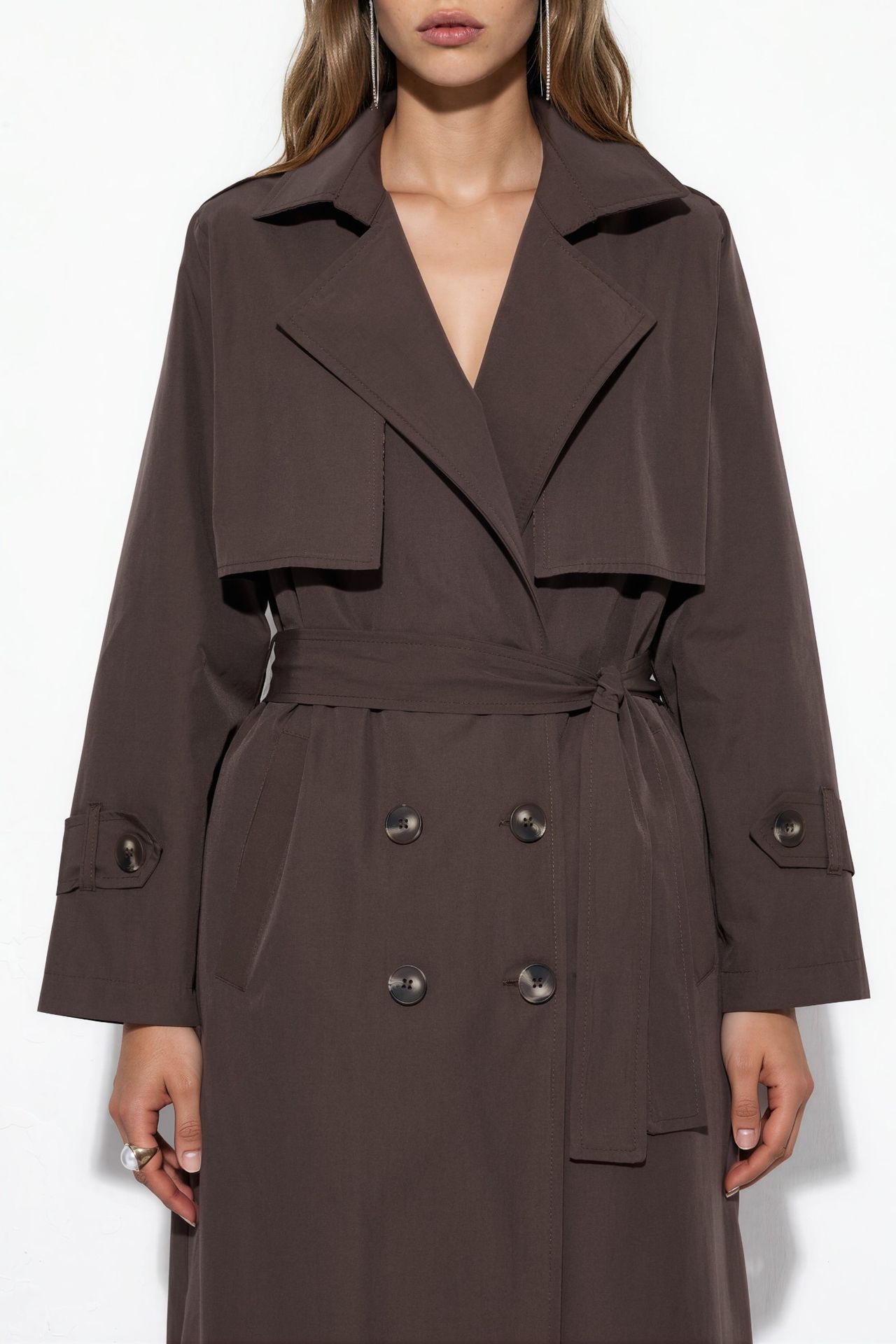 Double-Breasted Belted Long Trench Coat