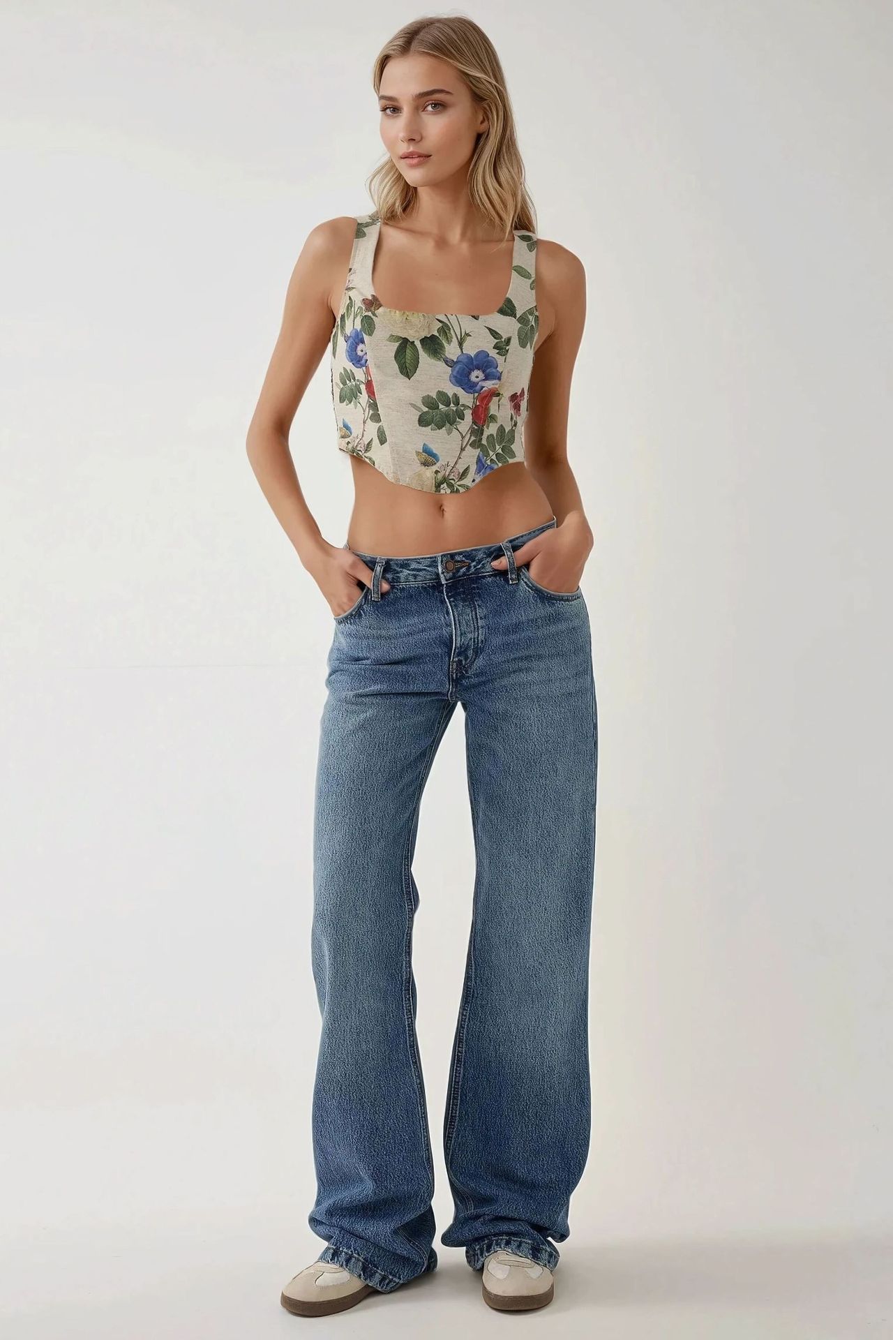 Square Collar Flower Print Crop Top