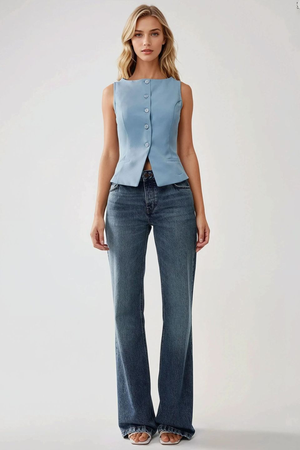 Fitted Crew Neck Sleeveless Waistcoat with Button Detail
