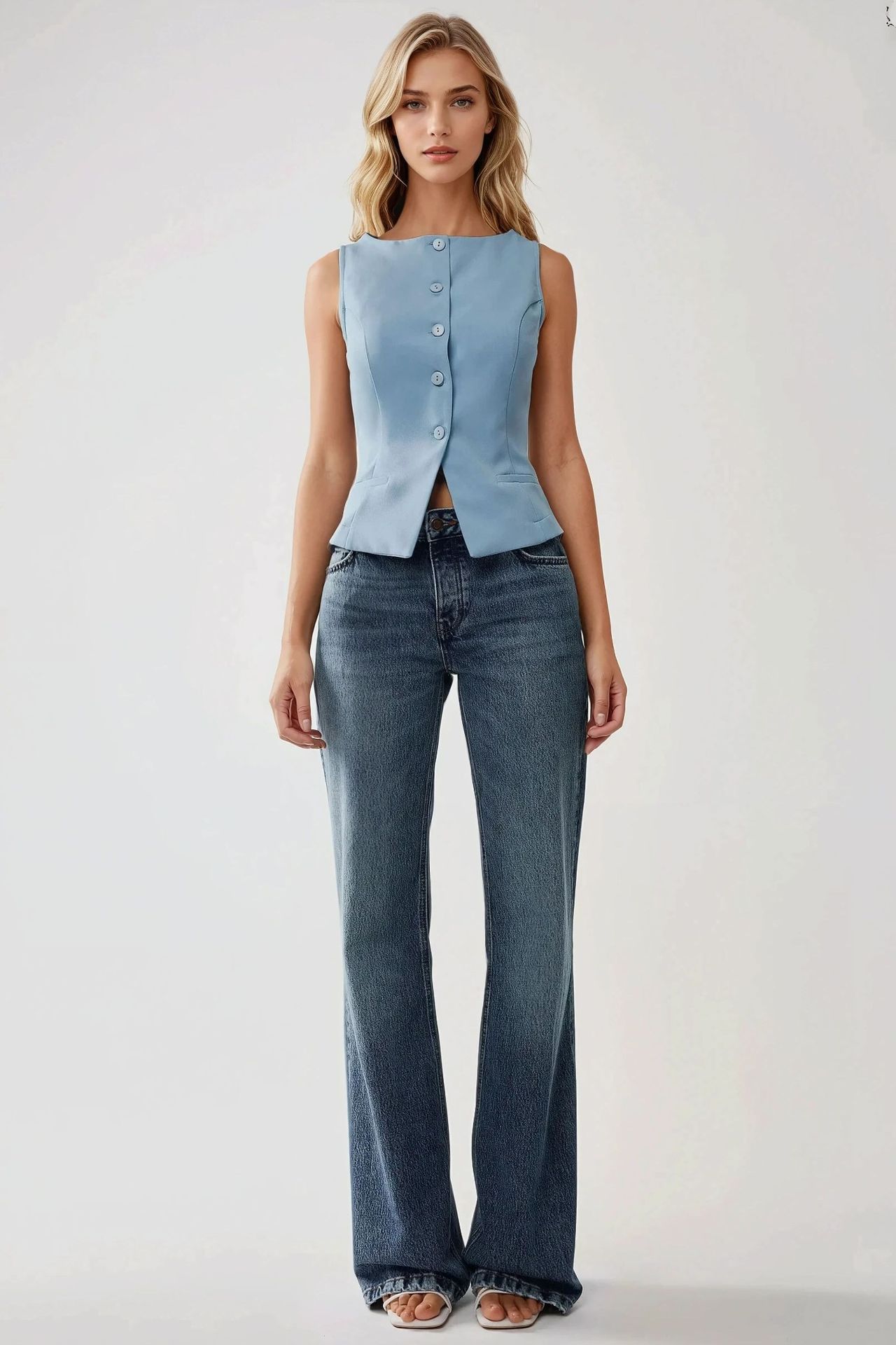 Fitted Crew Neck Sleeveless Waistcoat with Button Detail