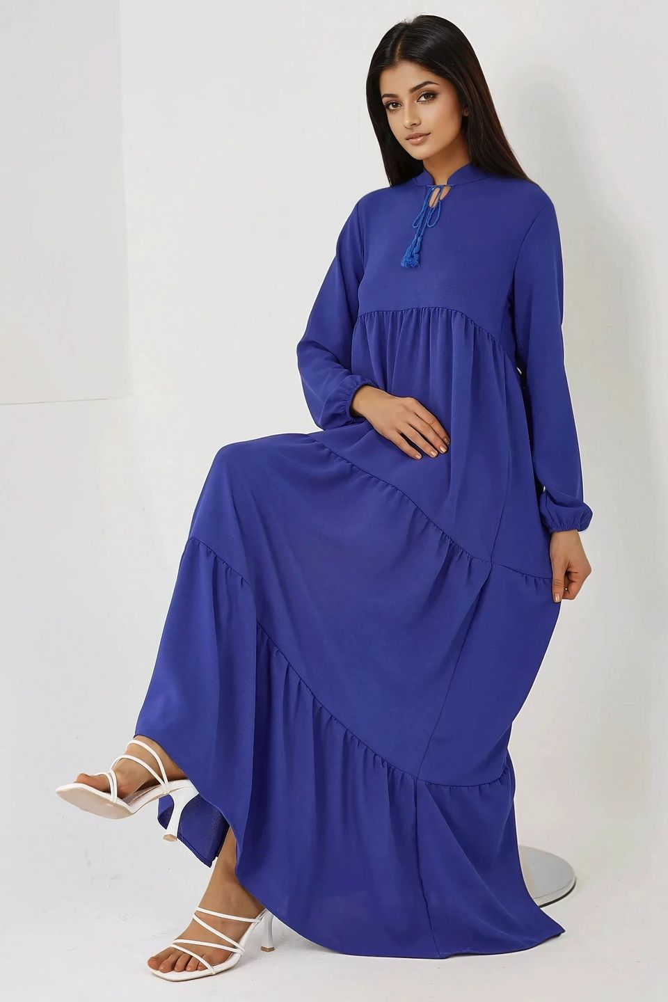 Textured Long Sleeve Crew Neck Maxi Dress