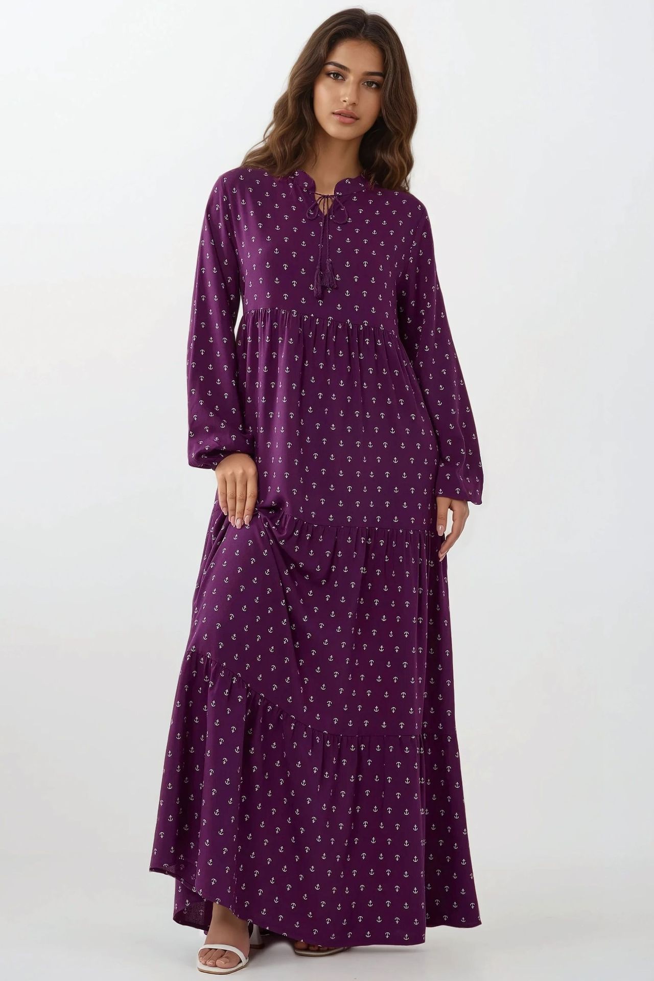 Printed Long Sleeve Viscose Maxi Dress 