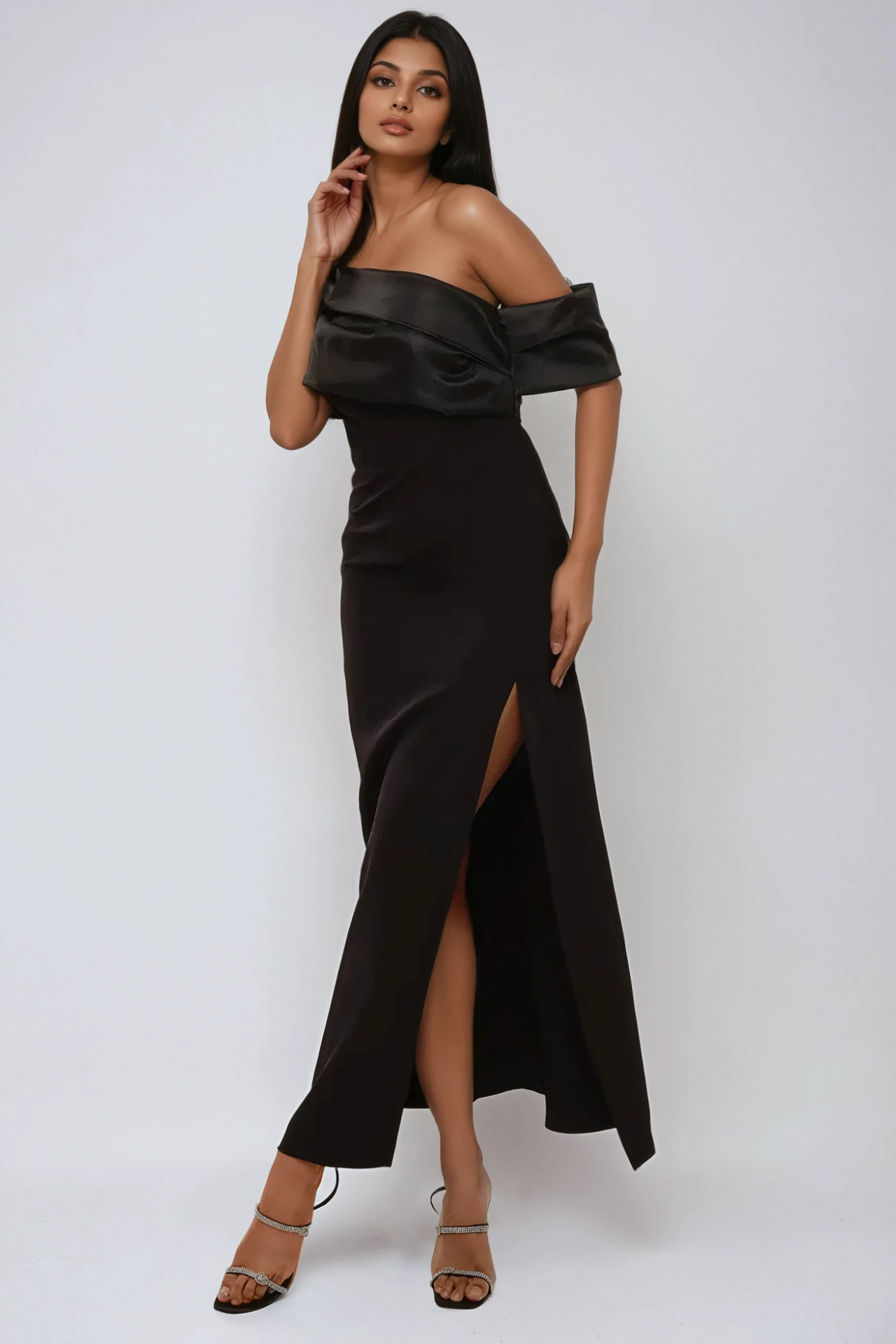 Draped Off Shoulder Maxi Dress with Slit