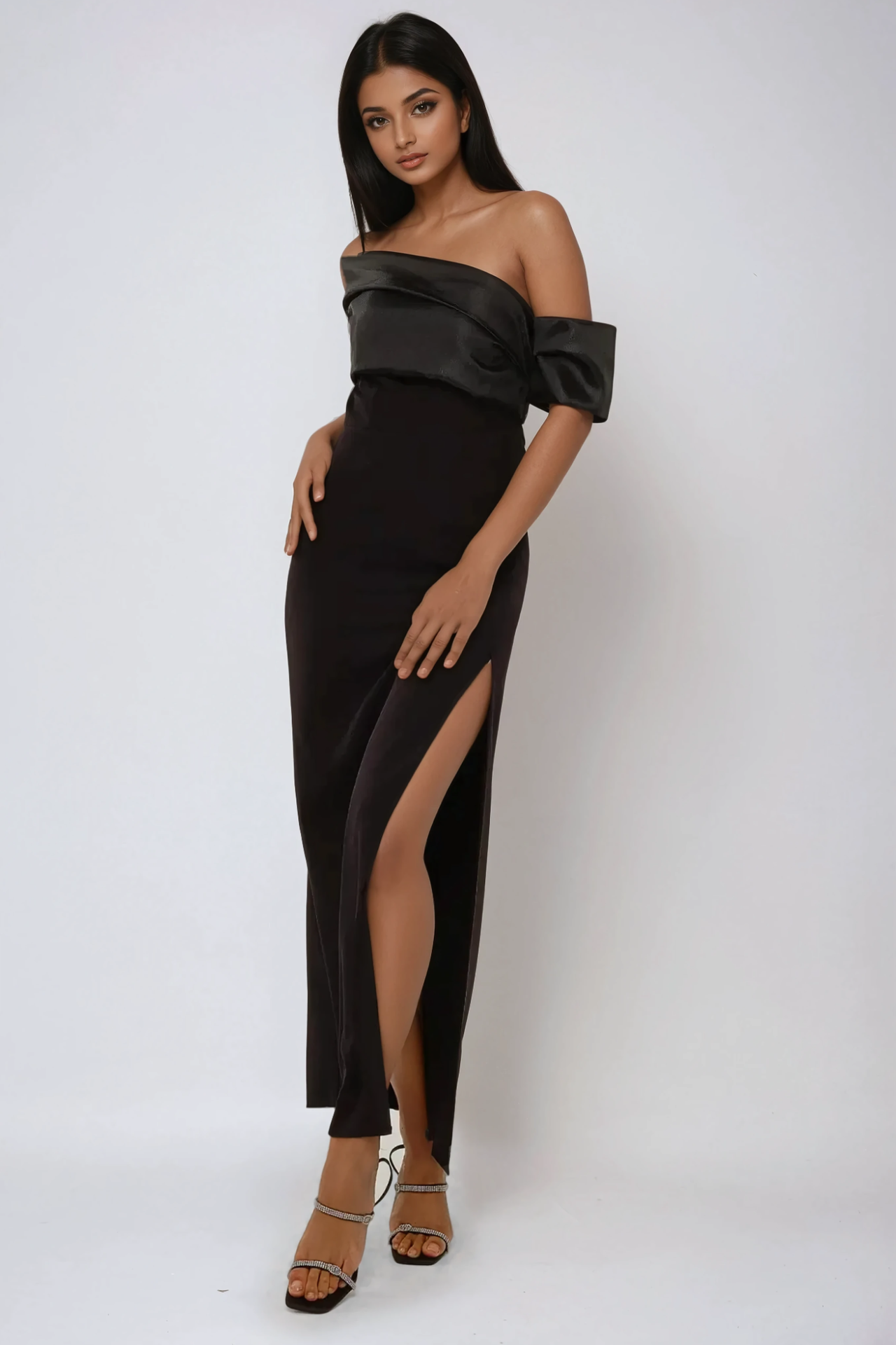 Draped Off Shoulder Maxi Dress with Slit