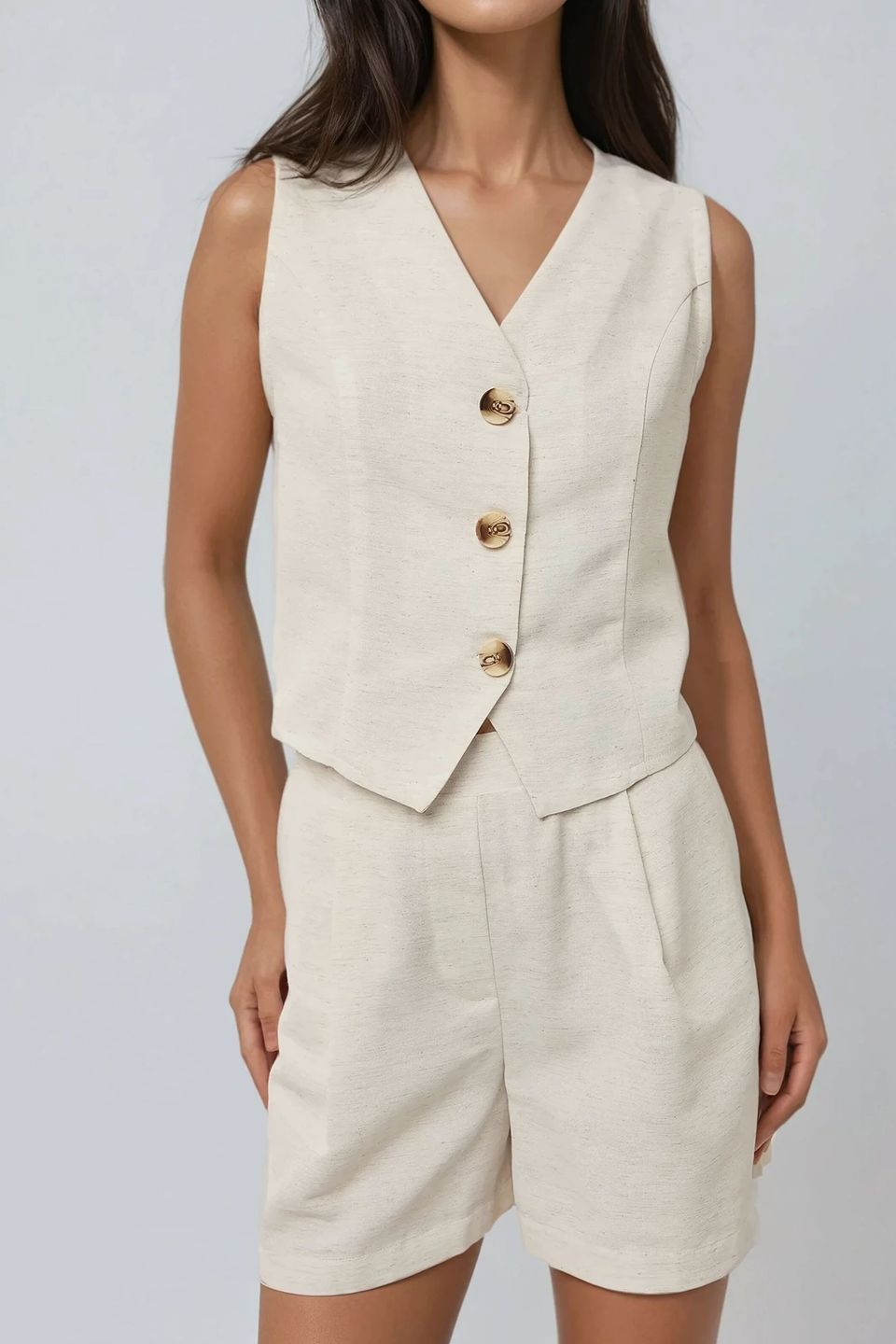 V-Neck Linen Like Vest & Short Two-Piece Set