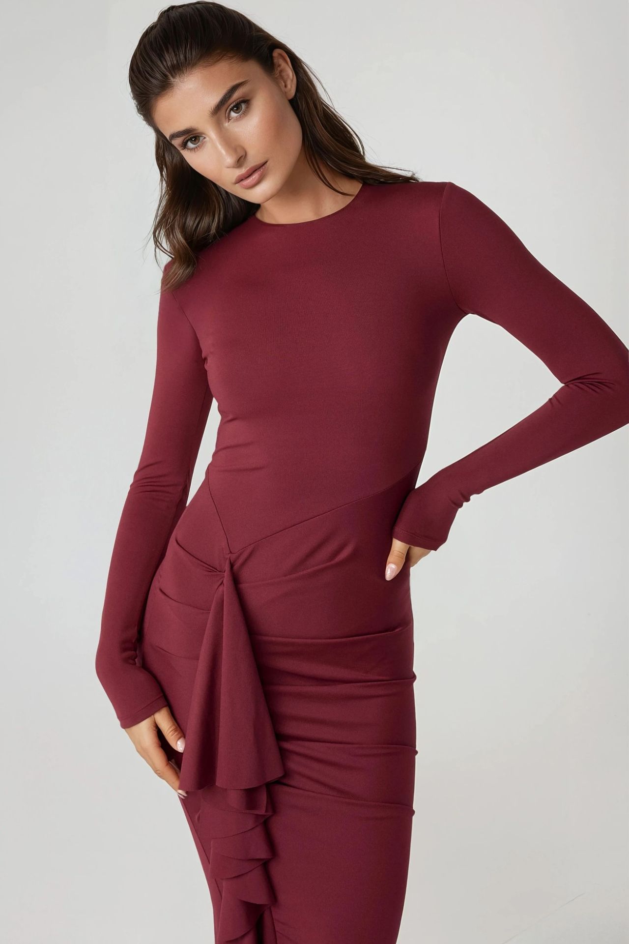 Crew Neck Bodycon Maxi Dress with Ruffle Detail