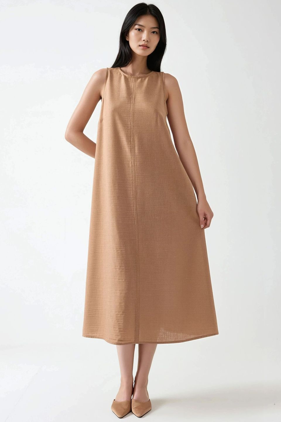 Linen Feel Sleeveless Crew Neck Midi Dress
