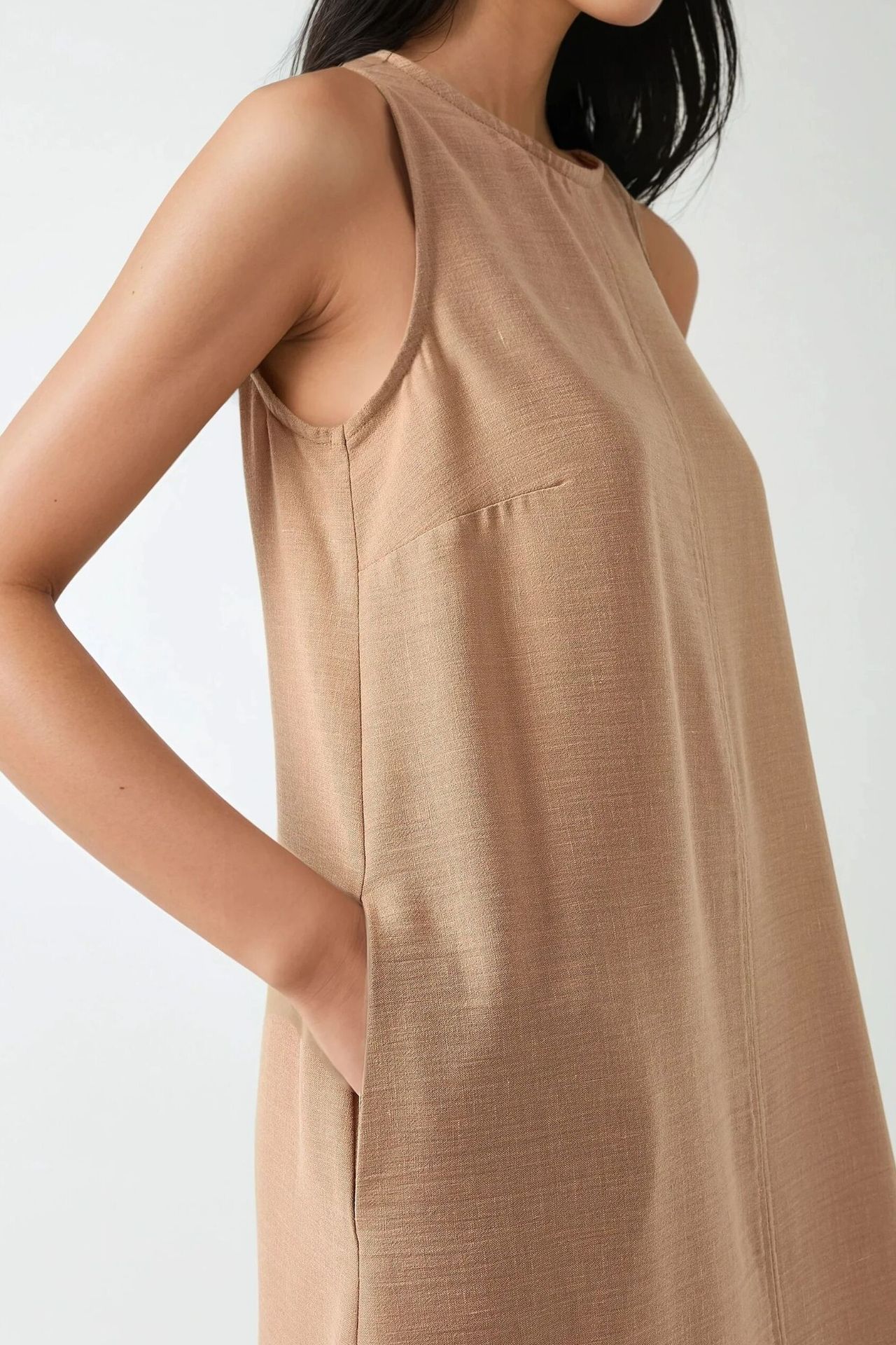 Linen Feel Sleeveless Crew Neck Midi Dress