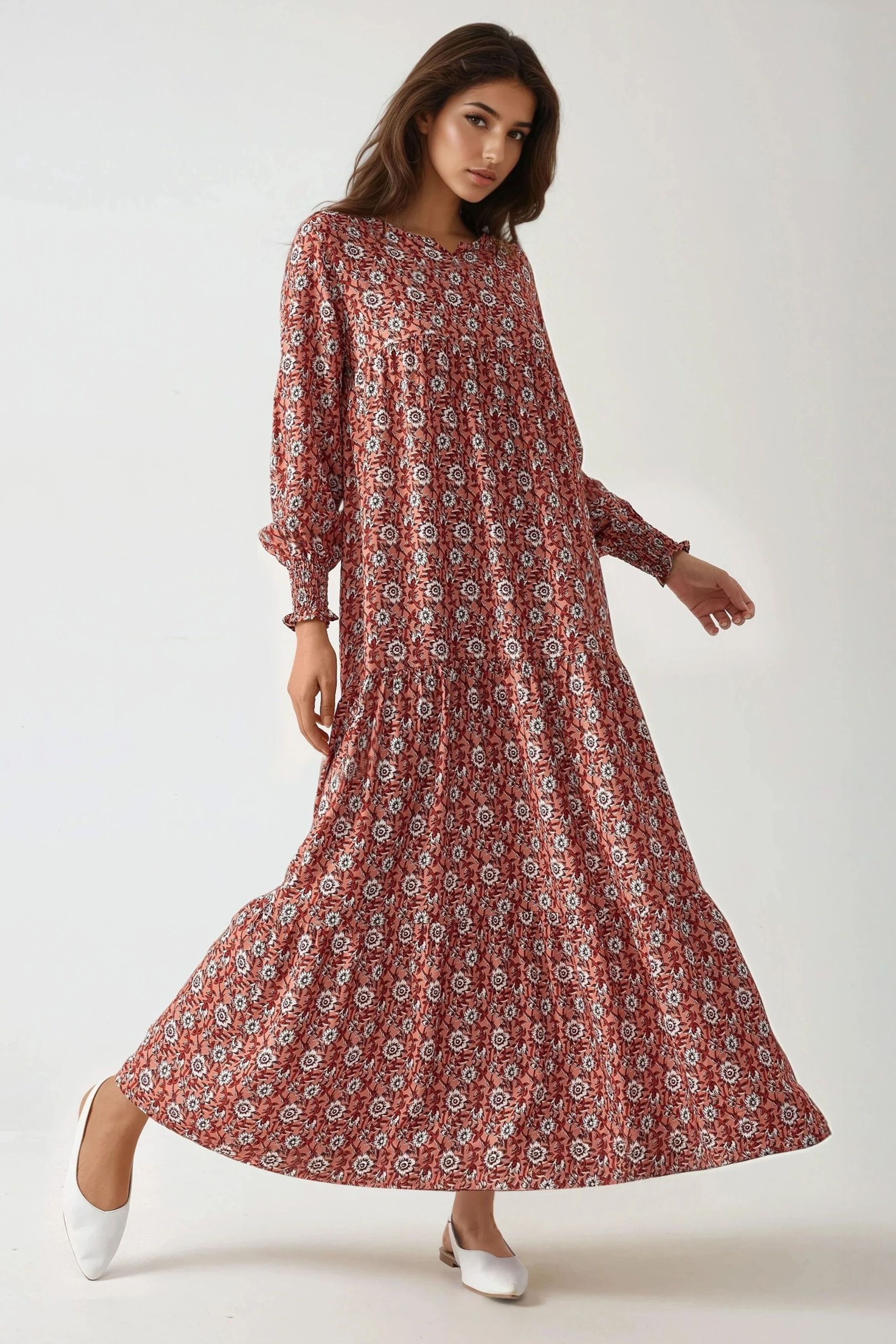 HiCCUP - Red Printed Crew Neck Viscose Maxi Dress Women