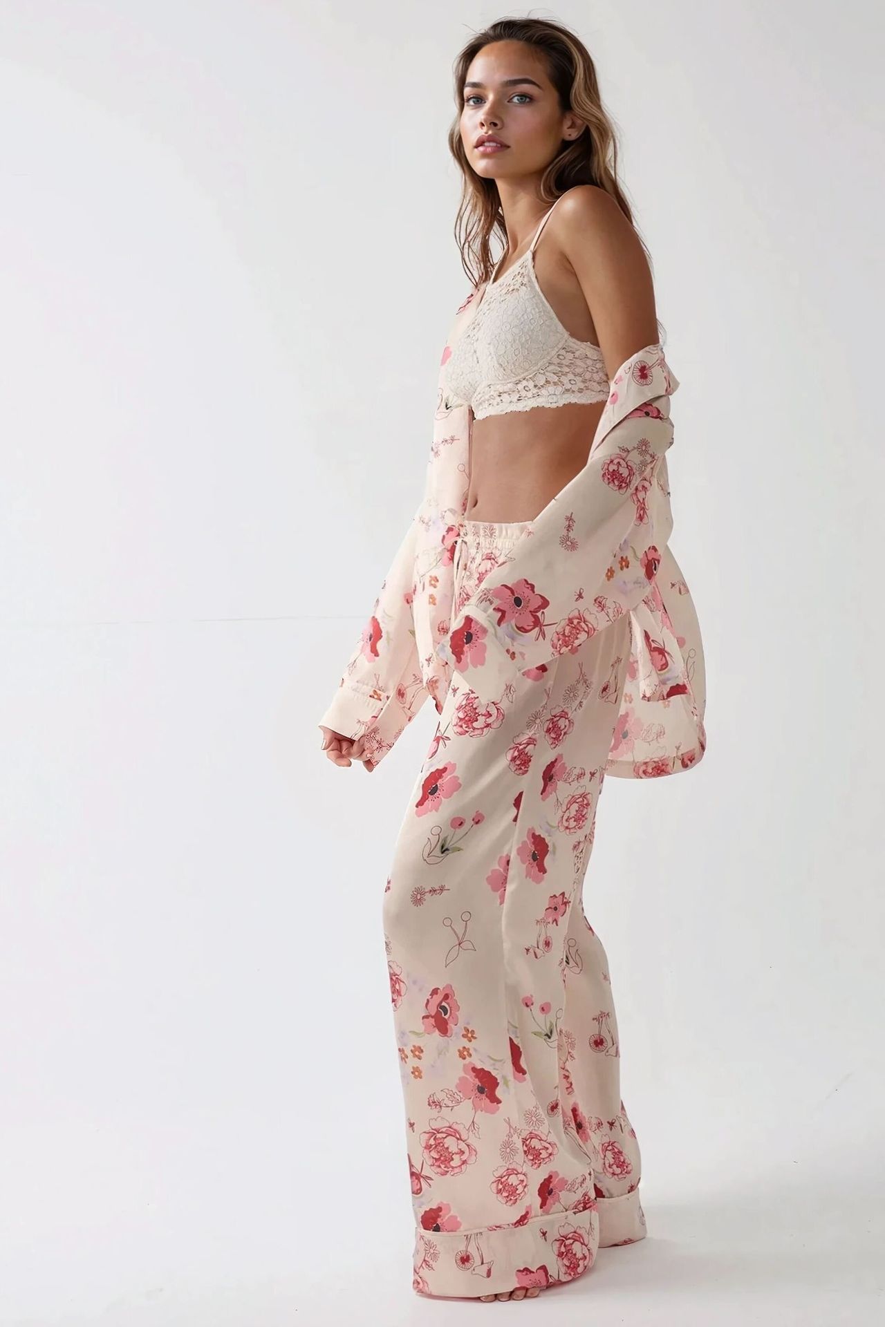 Printed Satin Pajama Set with Shirt Collar
