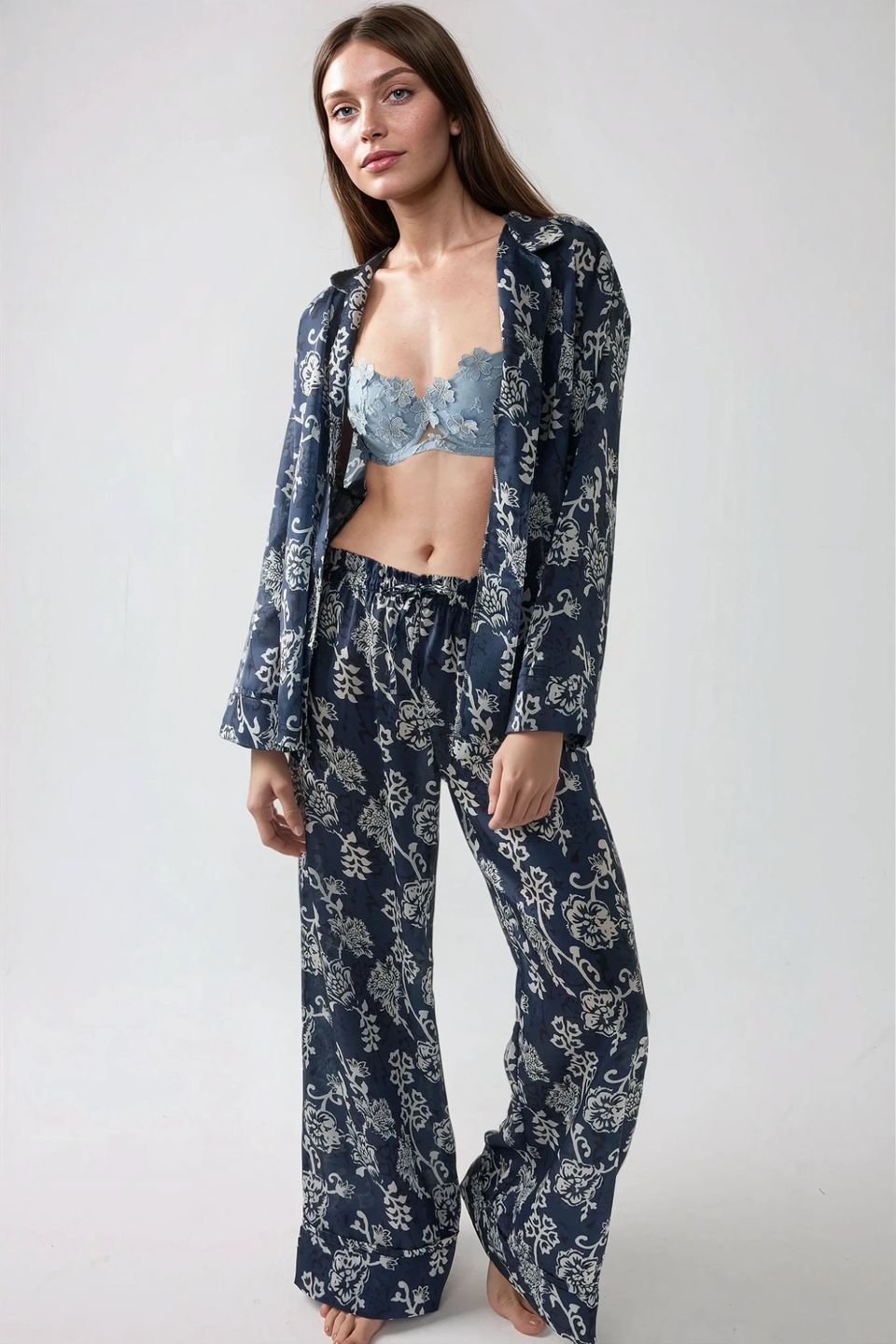 Printed Satin Pajama Set with Shirt Collar