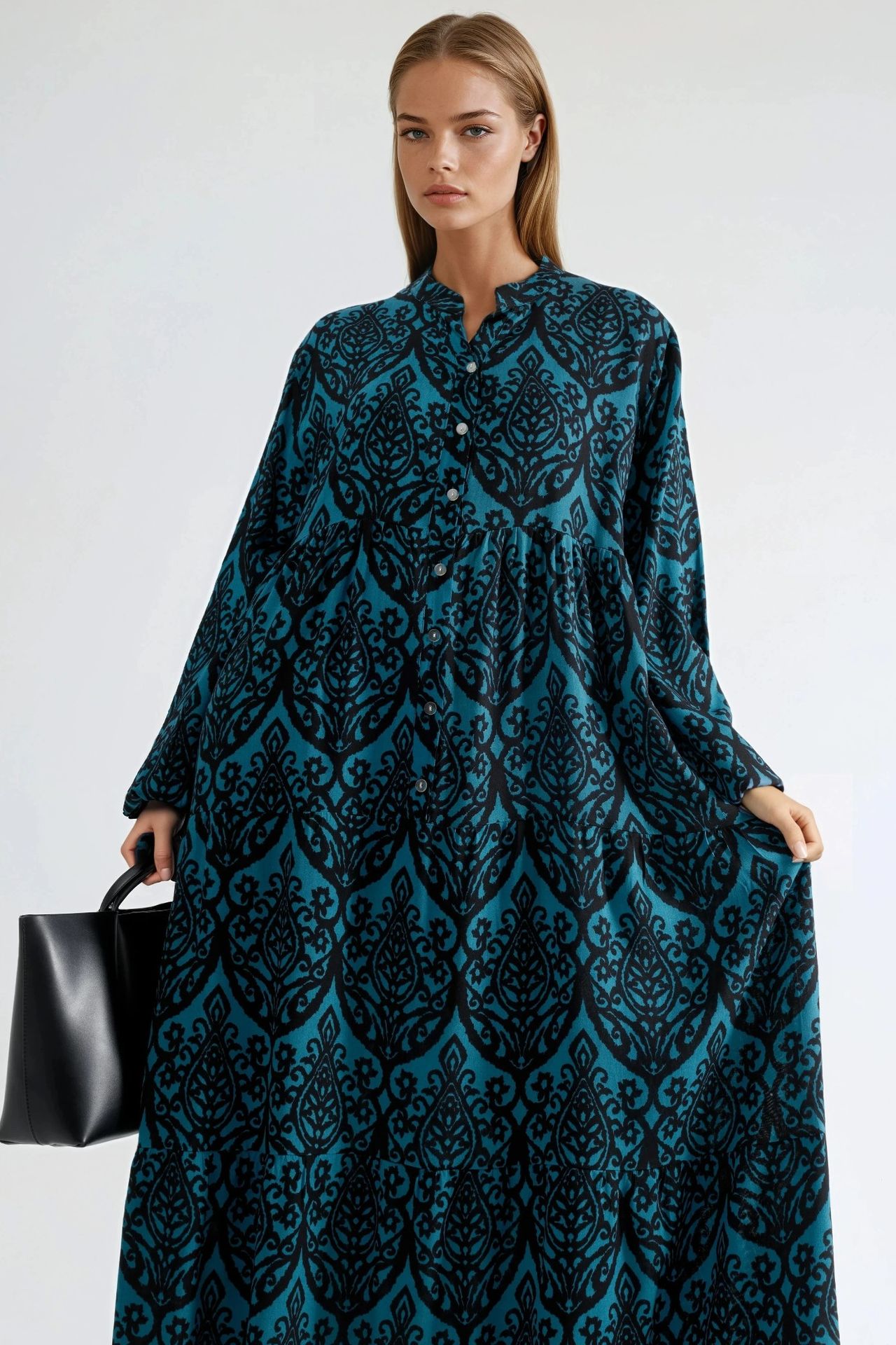 Comfort Fit Patterned Maxi Dress with V-Neck
